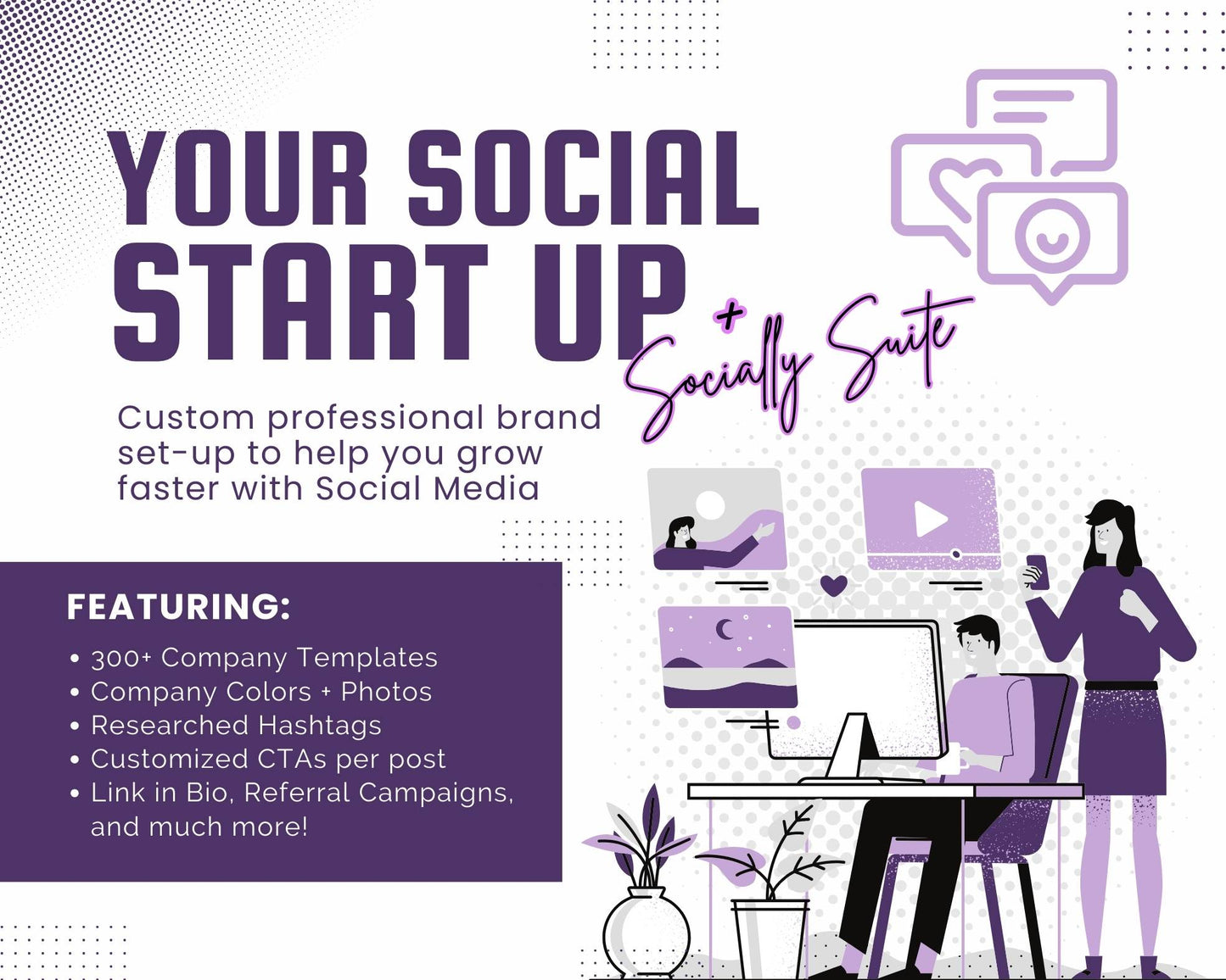 A poster for a social media campaign highlighting our expert Socially Inclined Your Social Start-Up - Professional Brand Set-up to help you grow faster with Social Media services.