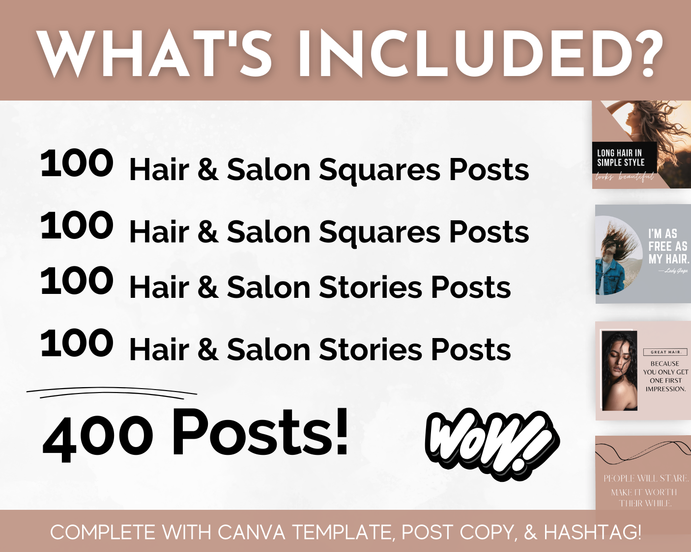 The Hair & Salon Social Media Post Bundle by Socially Inclined includes 100 square and 100 story posts (each repeated twice, totaling 400), Canva templates, post copy, and hashtags to help you attract new clients easily.