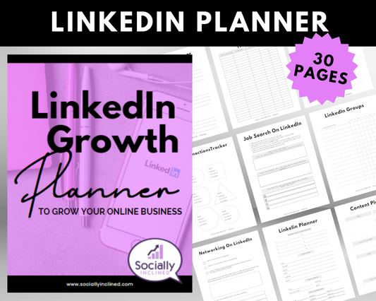 The LinkedIn Growth Planner by Get Socially Inclined features a cover with a pen, notepad, phone, and pages for LinkedIn tasks to elevate your presence. It contains 30 pages dedicated to enhancing career opportunities.