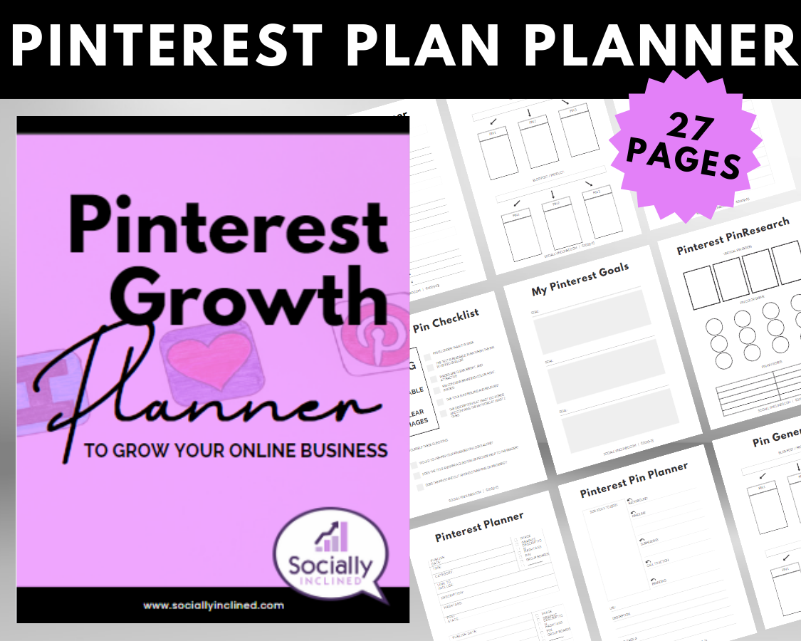 Get Socially Inclined's Pinterest Growth Planner features a "27 Pages" cover and innovative design templates to boost organic traffic and online business growth. Ideal for brand discovery, this planner is your guide to success in the digital age.