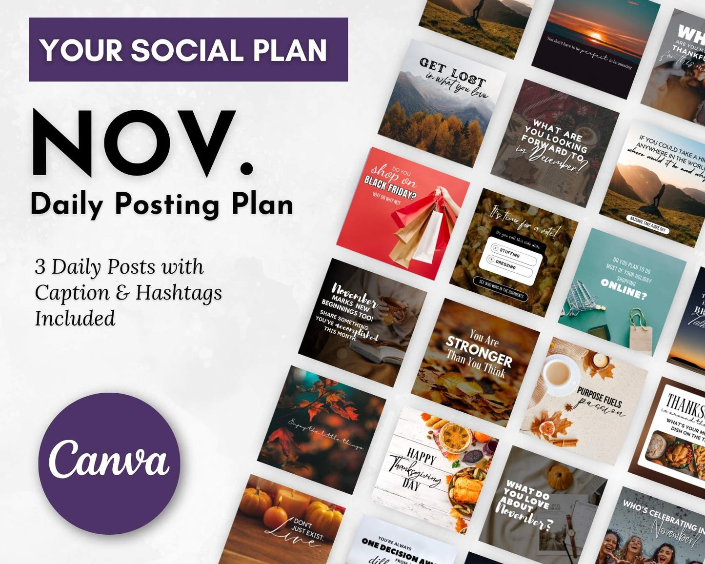 Get Socially Inclined’s November Daily Posting Plan - Your Social Plan: a ready-to-use grid of daily posts with quotes, images, and promo reminders. Includes Canva logo and full plan details—perfect for effortless social media management.