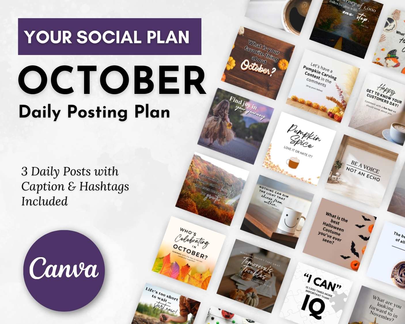 A collage of square images highlighting the October Daily Posting Plan - Your Social Plan by Get Socially Inclined for daily 2025 social media posts.