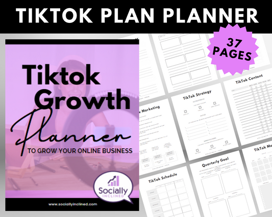 Explore the TikTok Growth Planner by Get Socially Inclined, a 37-page resource dedicated to marketing strategies, TikTok growth tactics, and content creation for expanding your online business. Enhance your brand's presence and master effective engagement by reviewing cover and sample pages.