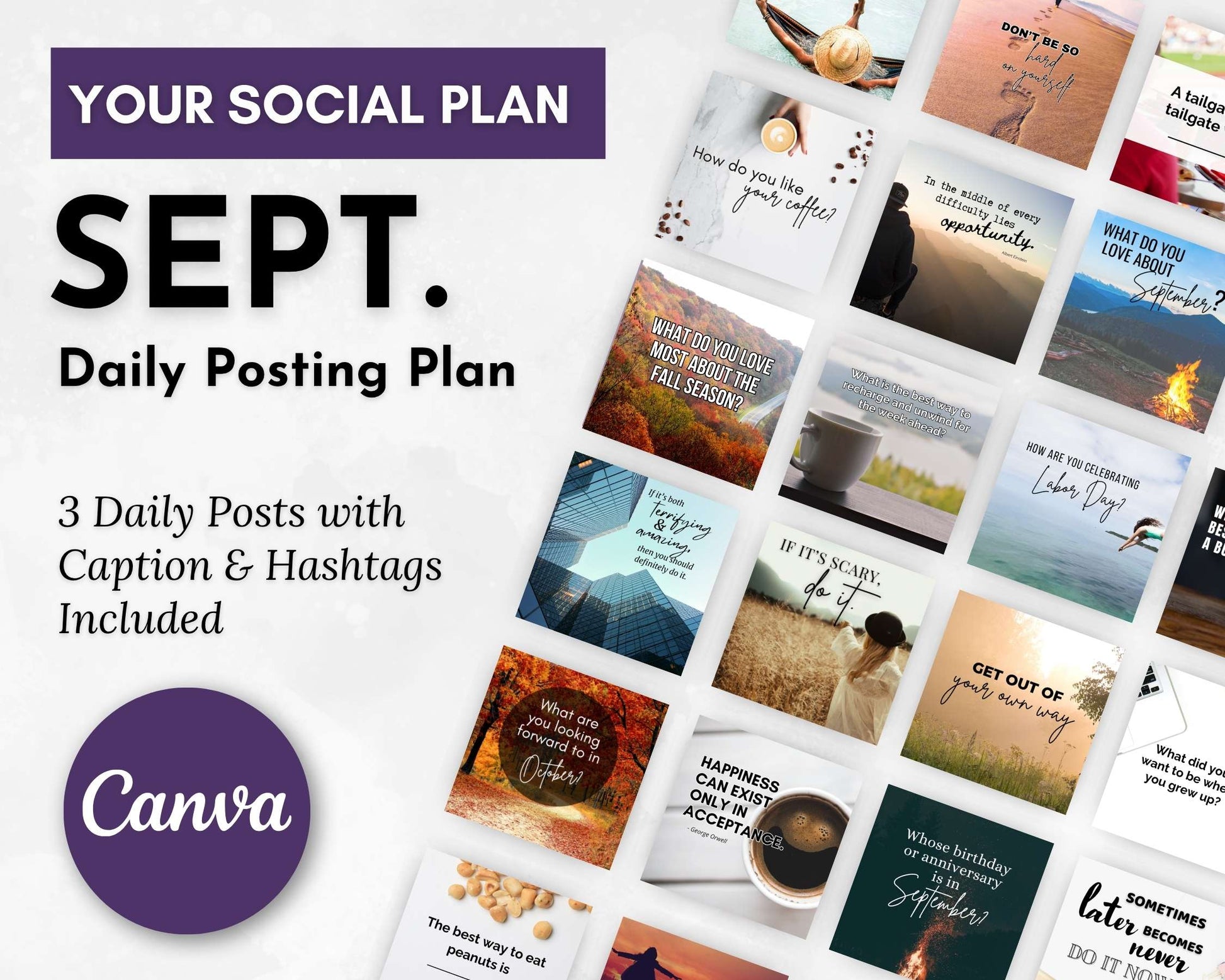 Social media posting plan with various images and captions for September, featuring the Canva logo.