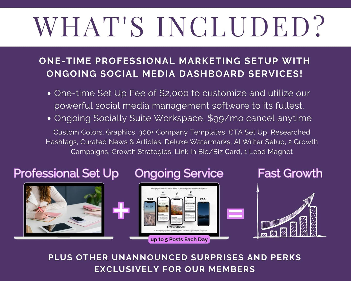 Promotional flyer outlining **Socially Inclined's Your Social Start-Up - Professional Brand Set-up to help you grow faster with Social Media** with ongoing dashboard services, including branding and customization with custom colors, templates, and support. Emphasis on fast growth and exclusive member perks.
