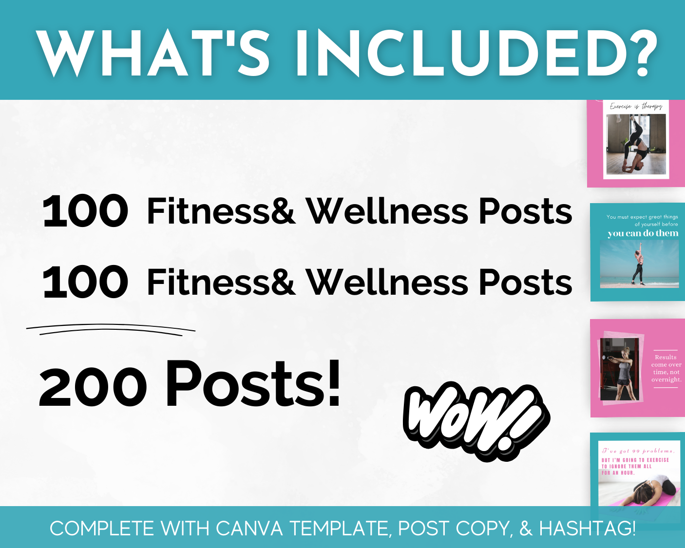 Promotional graphic showcasing "Fitness & Wellness Social Media Post Bundle with Canva Templates: 200 Posts! Wow!" by Socially Inclined, featuring visuals of example social media posts—perfect for personal trainers aiming to elevate their fitness content online.