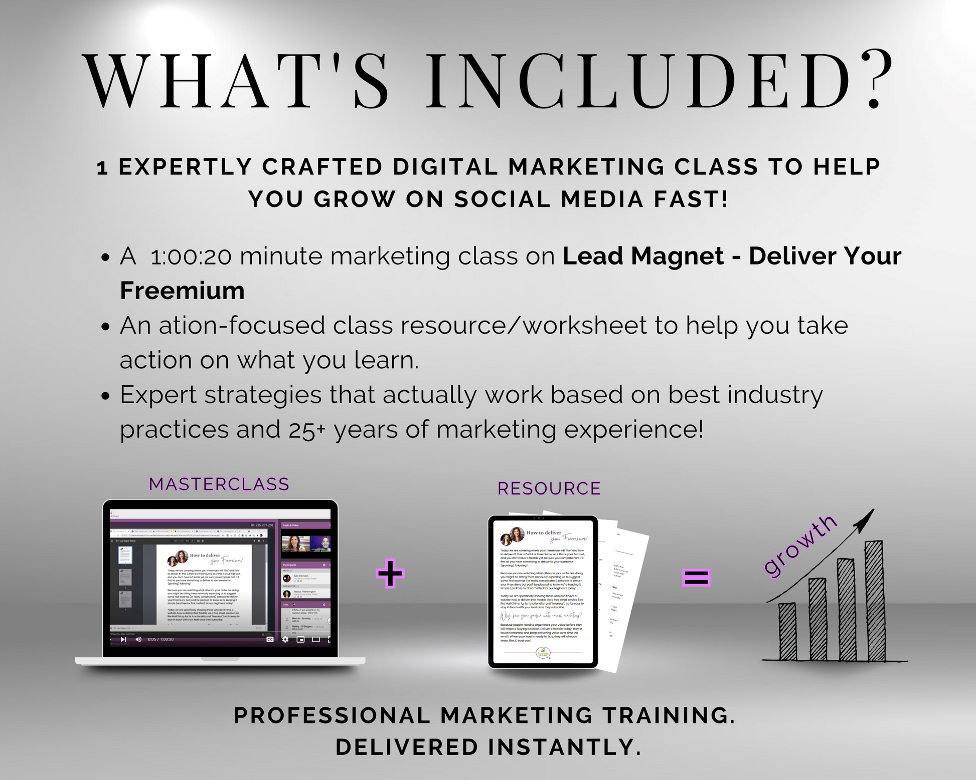A flyer with the words what's included? and product description for the TAT -Lead Magnet - Deliver Your Freemium Masterclass by Get Socially Inclined.