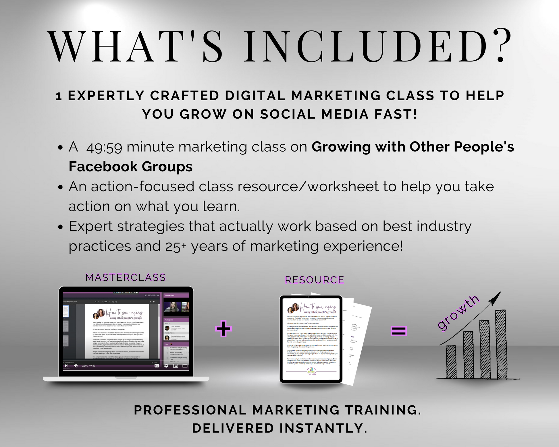 What's included in the TAT - Growing with Other People's Facebook Groups Masterclass by Get Socially Inclined? Please provide the product description so that I can identify the SEO keywords for you.