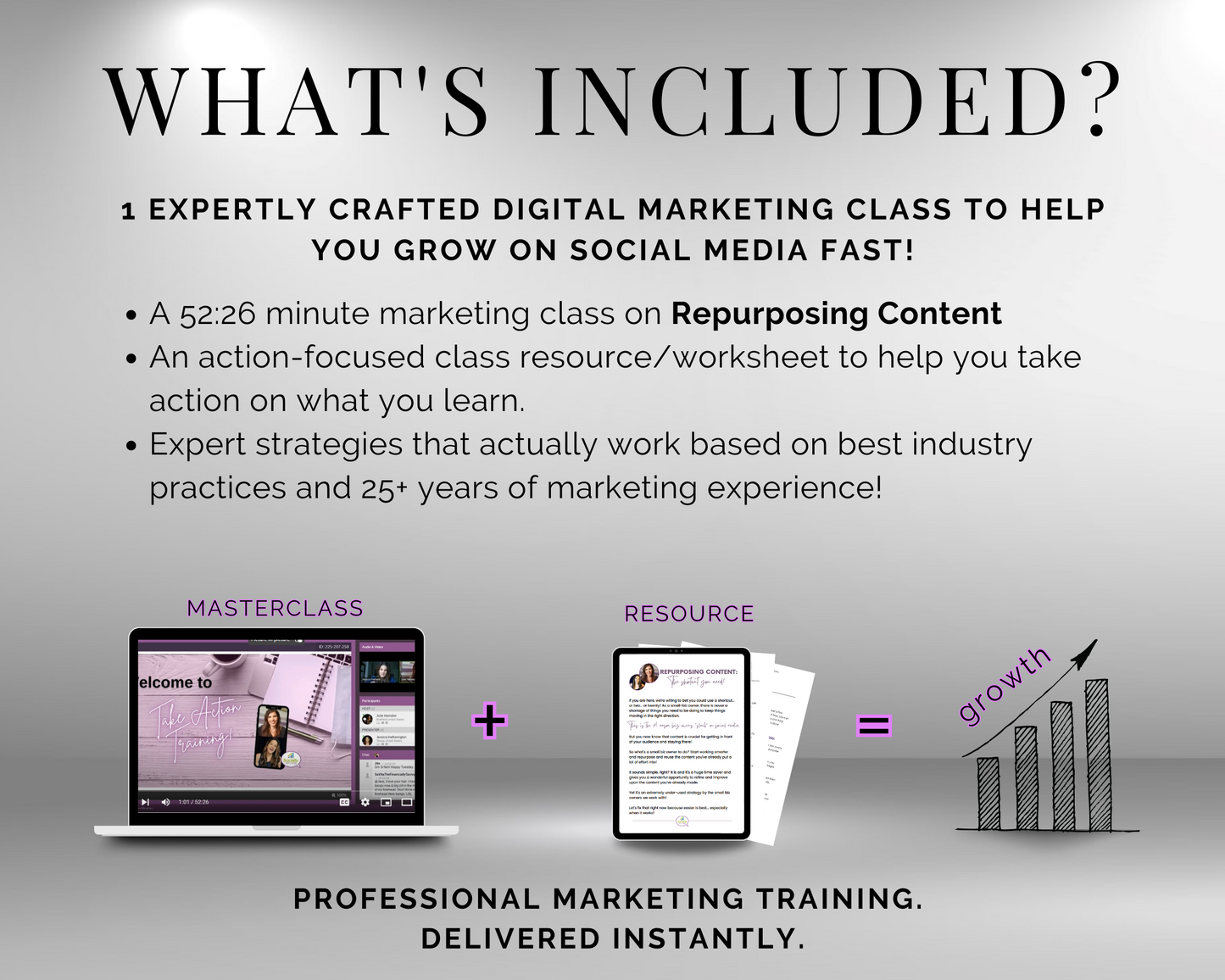 What's included in the TAT - Repurposing Content Masterclass by Get Socially Inclined? We provide a comprehensive overview of the key strategies and techniques used in modern digital marketing. From SEO to social media advertising, our expert instructors will guide.