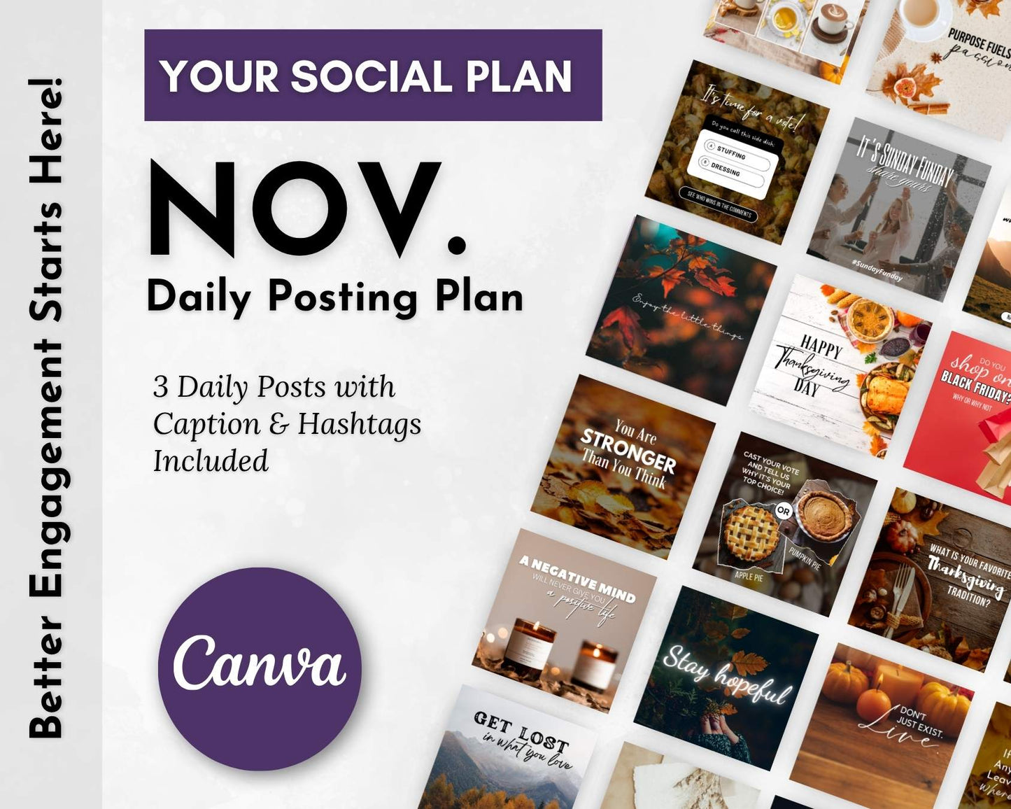 Promote your brand with the November Daily Posting Plan by Get Socially Inclined—3 ready-to-use social posts per day, complete with captions, hashtags, sample images, and Canva branding for effortless content creation.