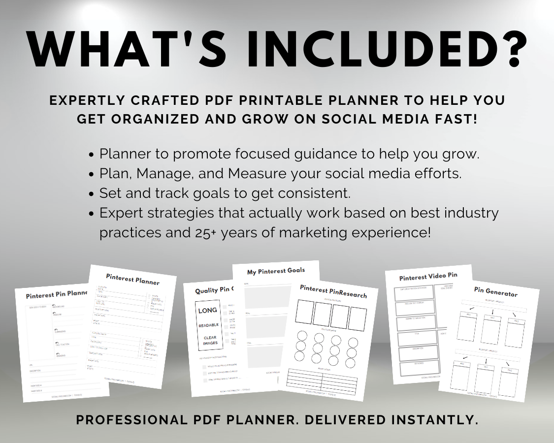 The flyer highlights the Pinterest Growth Planner by Get Socially Inclined, showcasing features such as strategy prompts, social media planning pages, and marketing tips aimed at enhancing brand discovery and boosting Pinterest growth efforts.