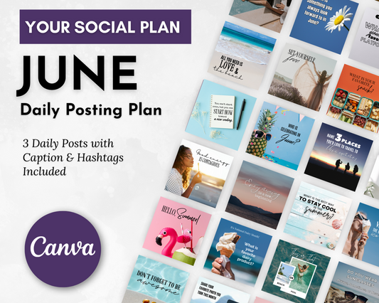 A promotional graphic for the June 2025 Daily Posting Plan by Get Socially Inclined, featuring sample posts, captions, hashtags, and a Canva logo—ideal for enhancing your daily content strategy.
