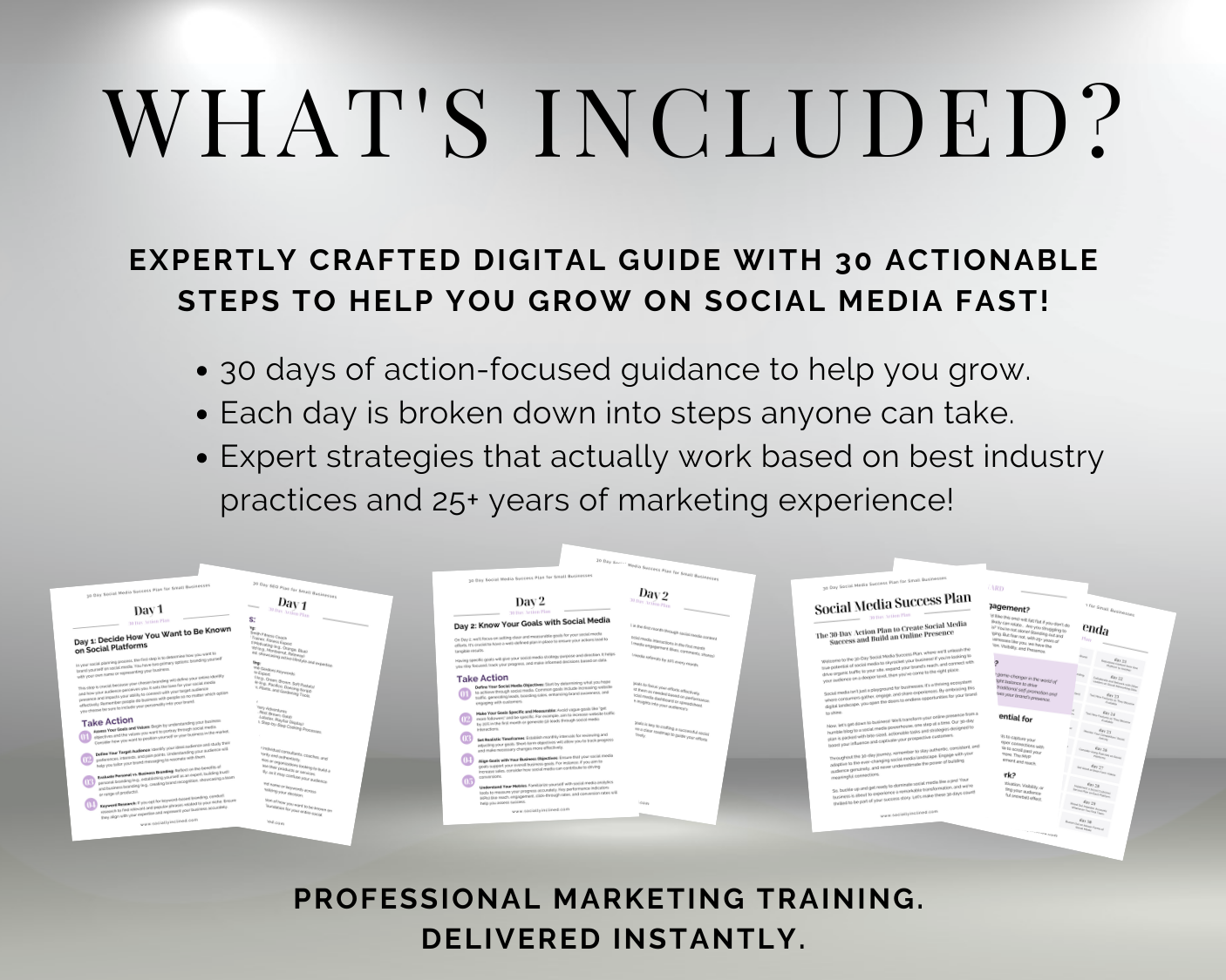 Advertising image for a Get Socially Inclined Social Media Success: 30-Day Action Plan with social media growth strategies, highlighting instant delivery and including sample pages.
