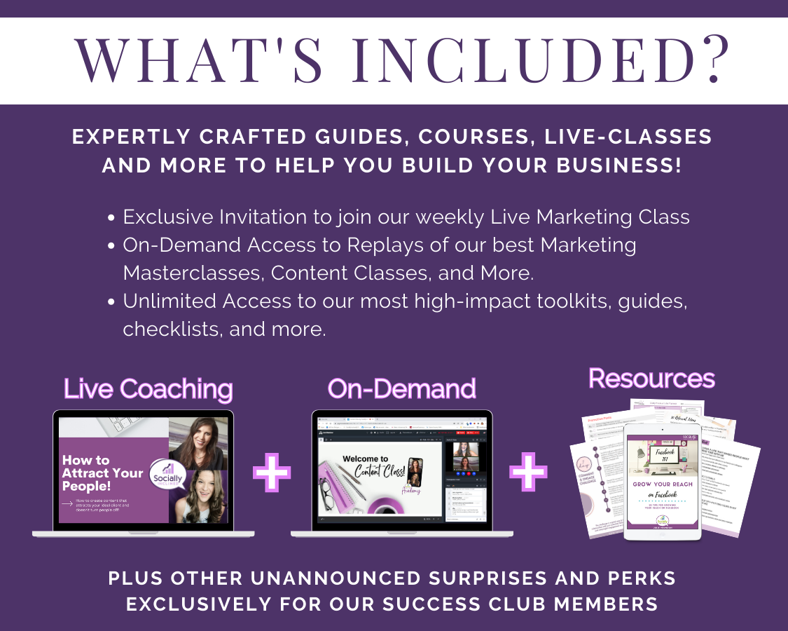 What's included in the Get Socially Inclined Success Club Membership for marketing and social media management?