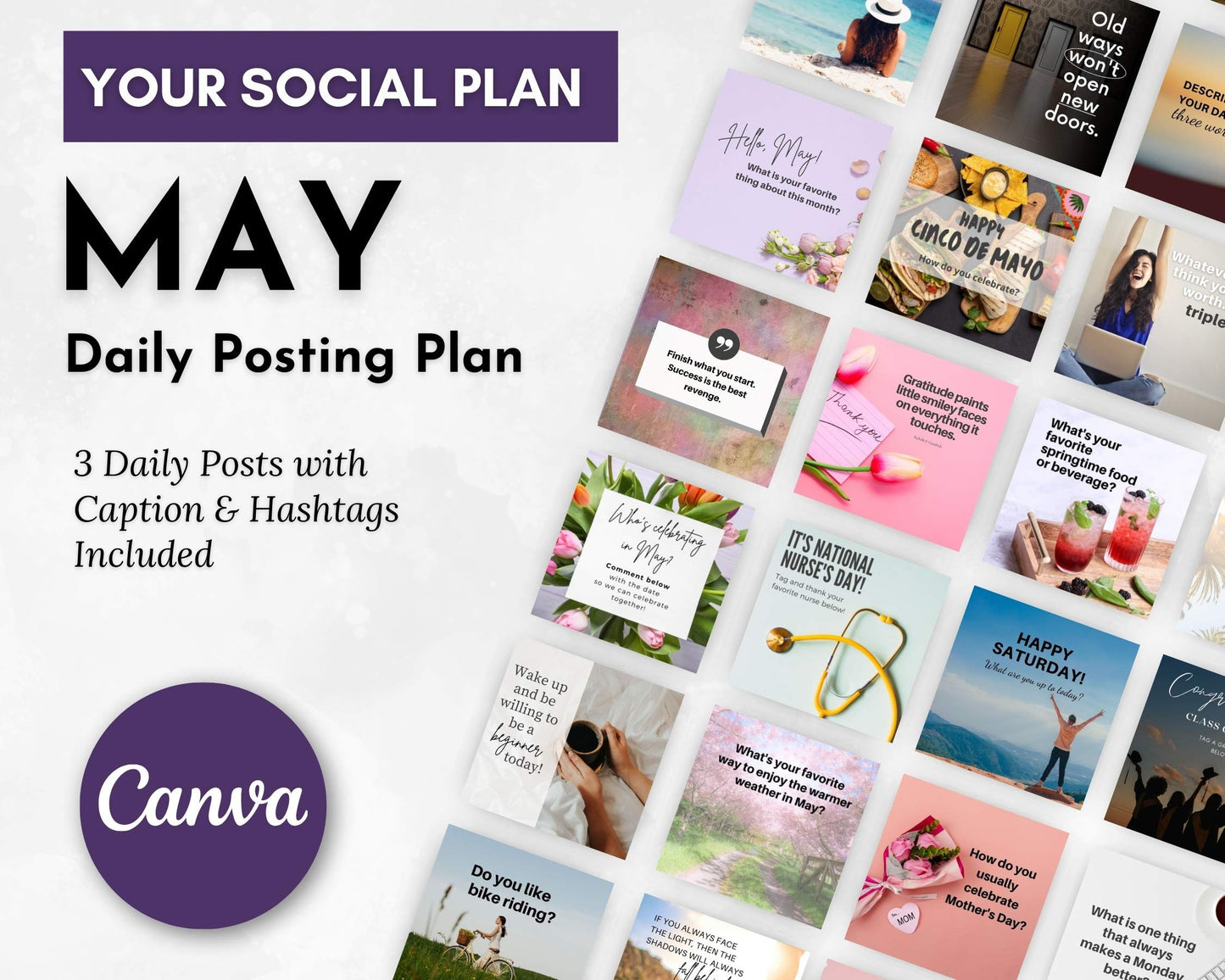 The May Daily Posting Plan from Get Socially Inclined features a monthly content calendar image with daily posts to boost engagement using captions, hashtags, and inspirational quotes. It includes holiday mentions and showcases Canva branding to enhance your social media strategy.