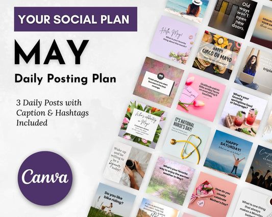 The May Daily Posting Plan from Get Socially Inclined features a monthly content calendar image with daily posts to boost engagement using captions, hashtags, and inspirational quotes. It includes holiday mentions and showcases Canva branding to enhance your social media strategy.