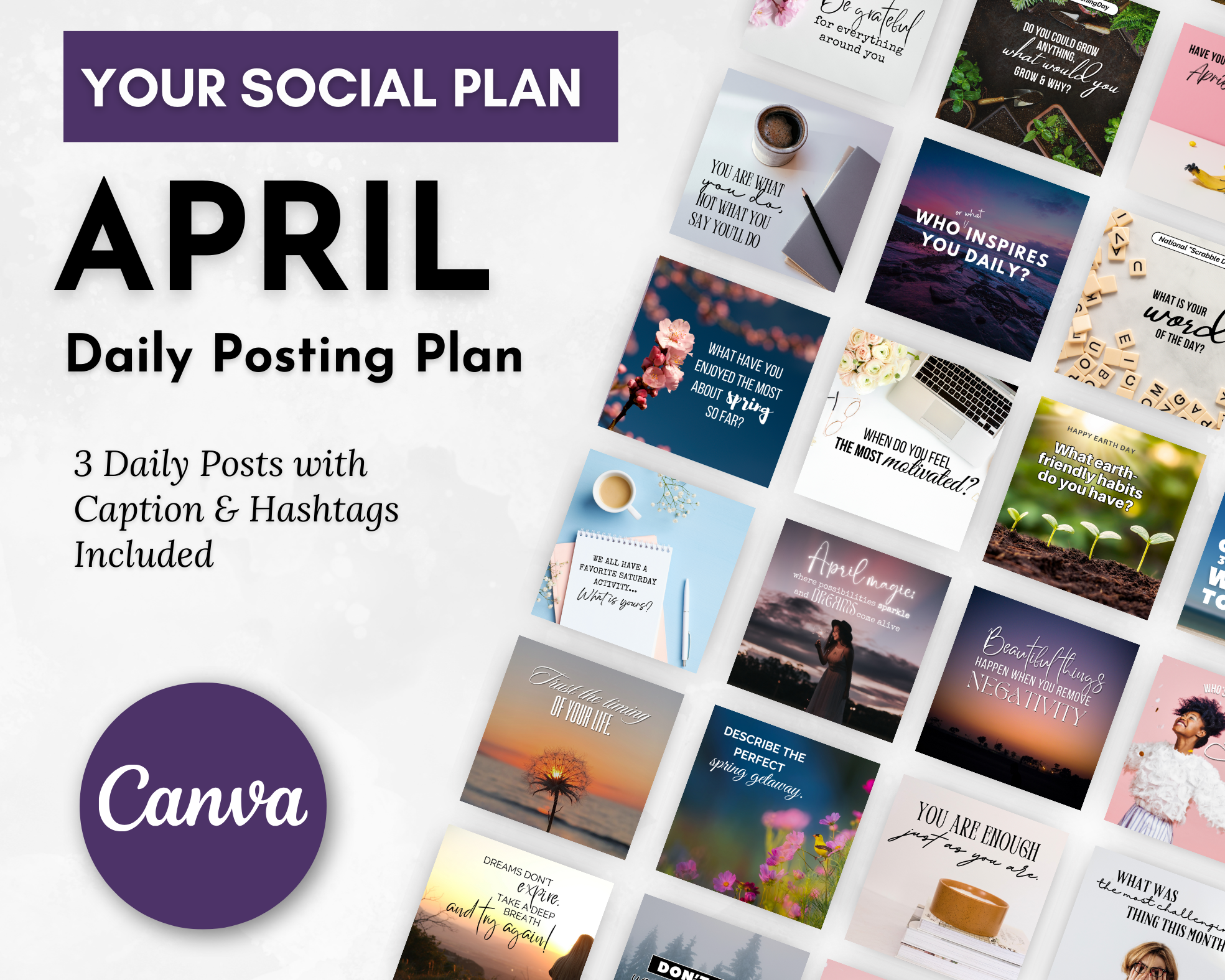April Daily Posting Plan - Your Social Plan by Get Socially Inclined, with daily post ideas and inspirational quotes, designed for enhanced social media presence, all crafted in Canva.