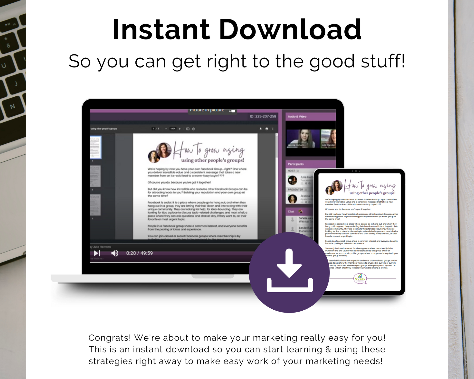 Instant download for quick access to the TAT - Growing with Other People's Facebook Groups Masterclass by Get Socially Inclined.