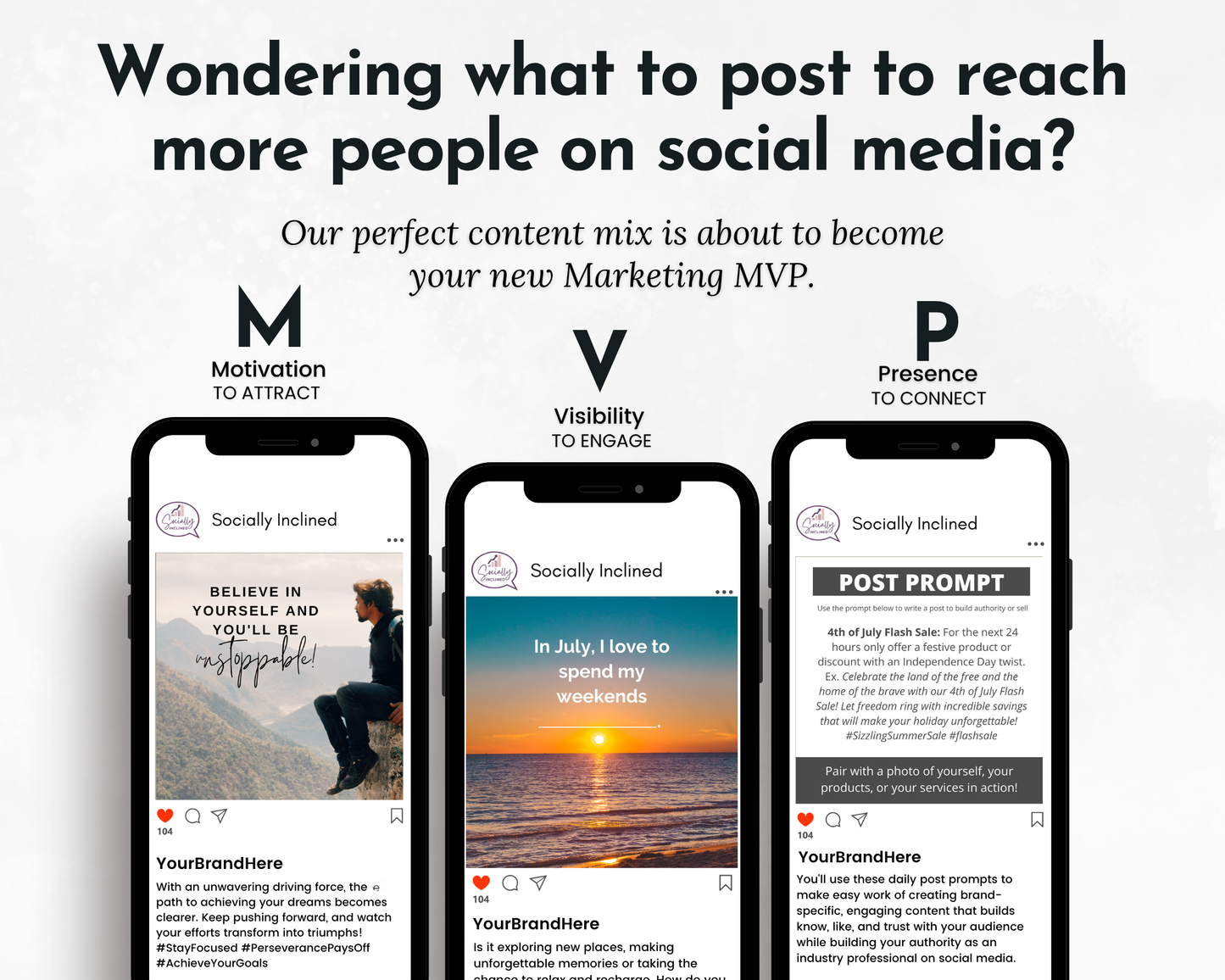 Three smartphones show social media examples from the July Daily Posting Plan by Get Socially Inclined, illustrating a mix of motivational, visibility, and presence content designed to boost engagement and power your effective July content calendar.