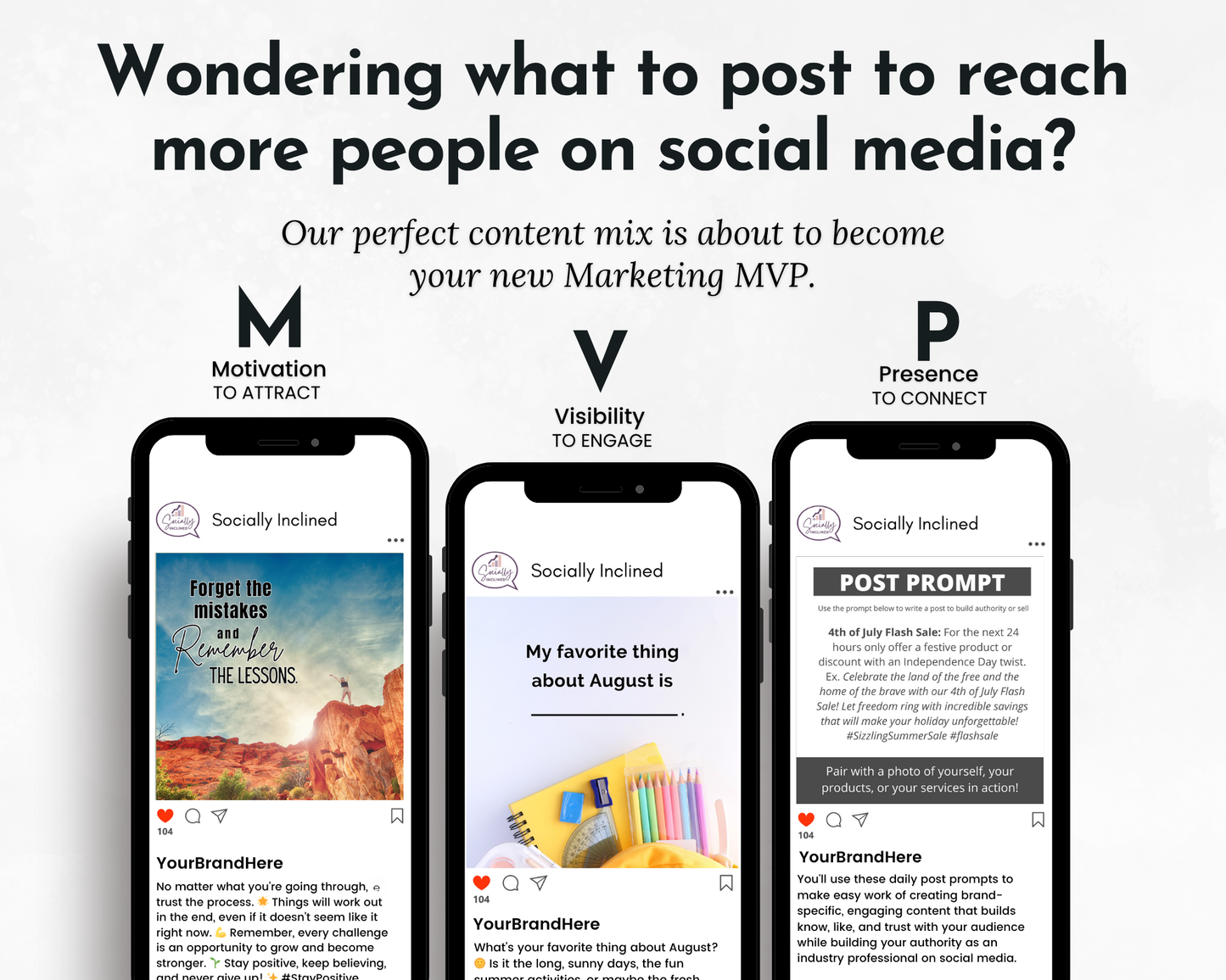 Three smartphones show social posts—Motivation, Visibility, and Presence—with the question "Wondering what to post to boost audience engagement?" Discover the AUGUST Daily Posting Plan by Get Socially Inclined for daily ideas!.