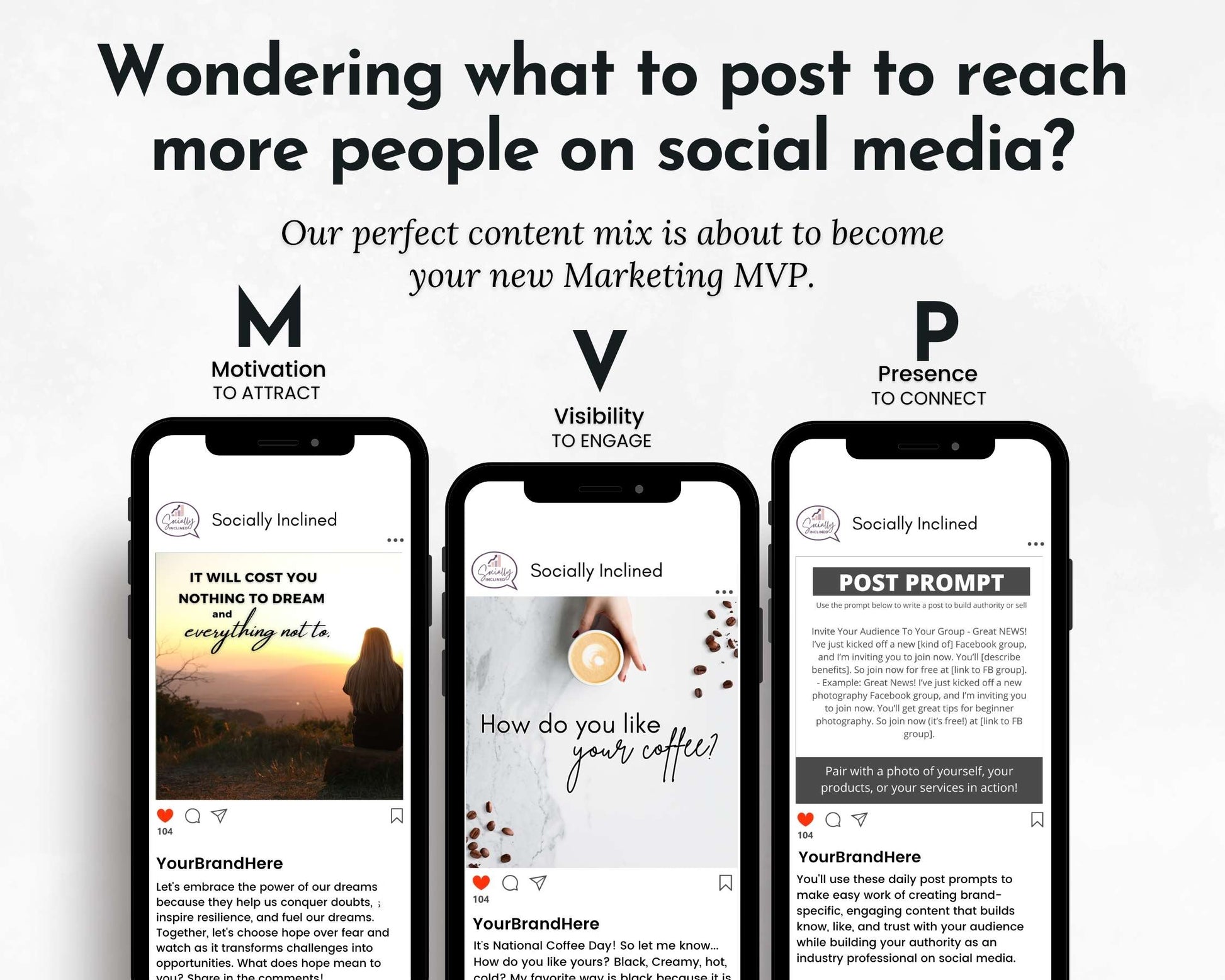 Three smartphone screens displaying social media posts with text and images, accompanied by promotional text about a marketing strategy.