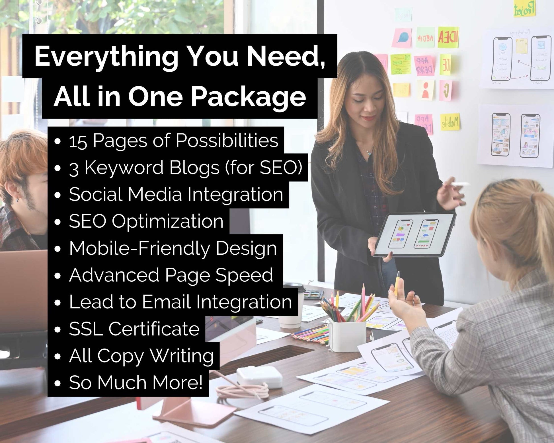 A team from Socially Inclined collaborates in an office to present the Advanced Website Design Package, which emphasizes SEO fundamentals. The package highlights services such as keyword research, social media integration, and mobile-friendly design.