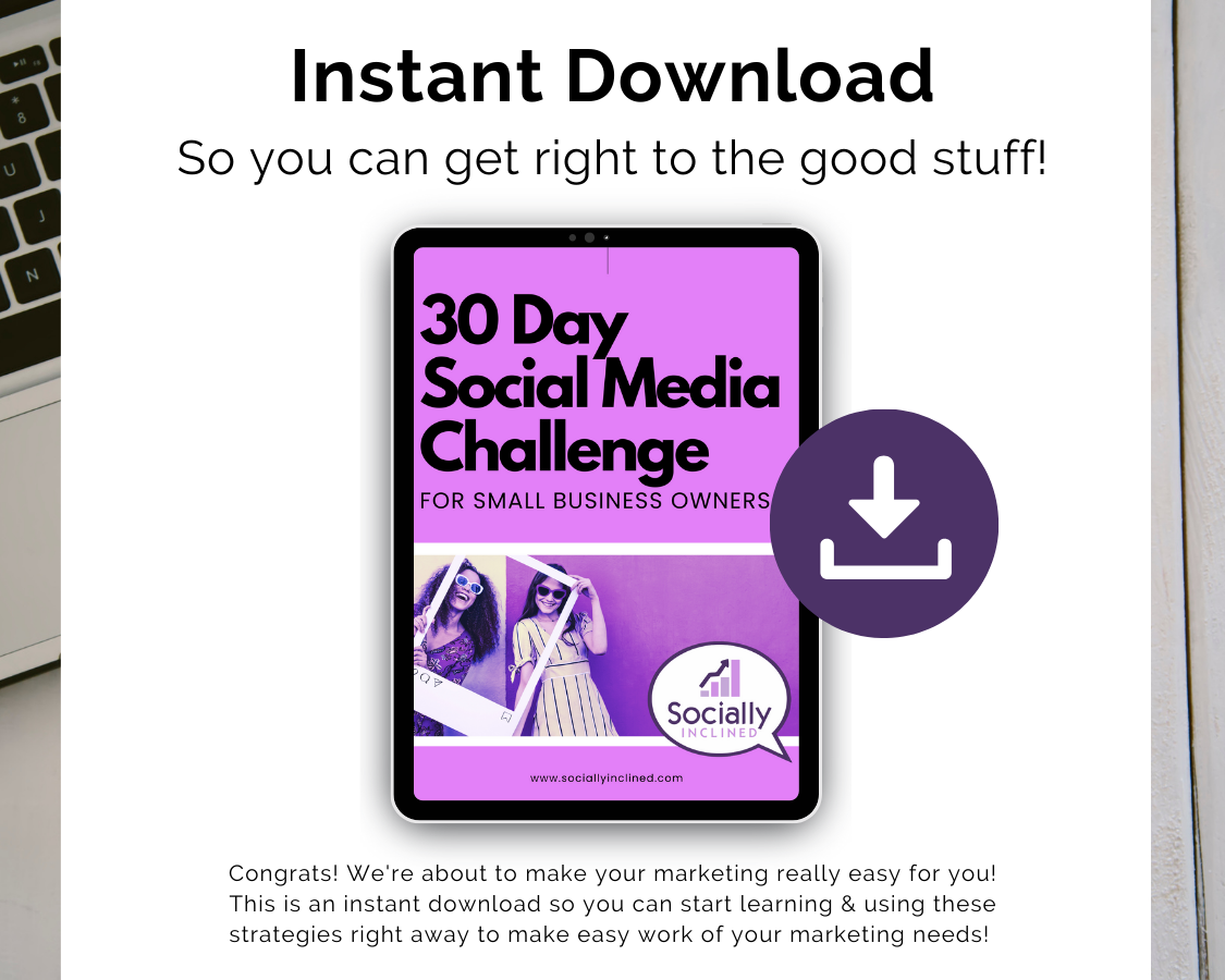 A small business laptop dedicated to "The 30 Day Social Media Challenge" for brand consistency by Get Socially Inclined.