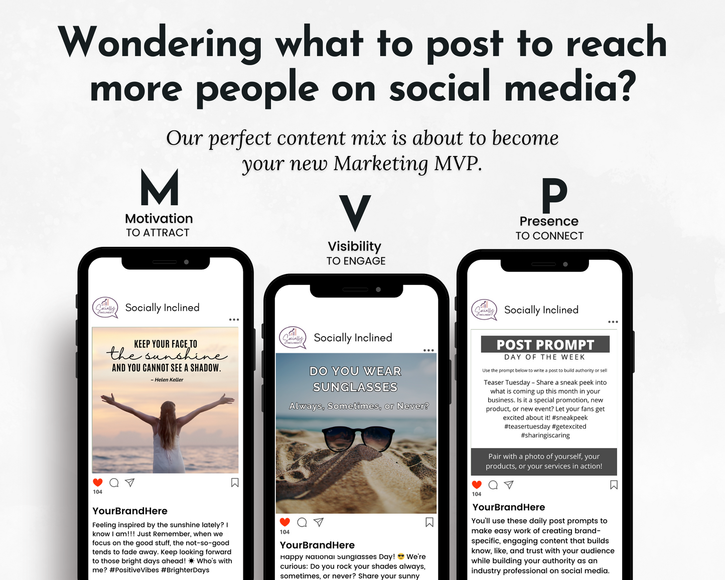 Three Get Socially Inclined smartphones displaying social media marketing strategies with texts and images about attracting, visibility, and presence, titled "Your Social Plan.