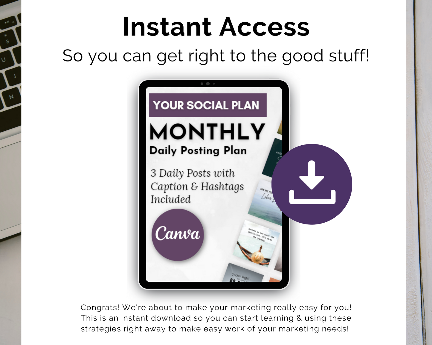 A laptop designed for small biz owners with instant access to Your Social Plan Content Membership so you can get right to your posting plan from Get Socially Inclined.