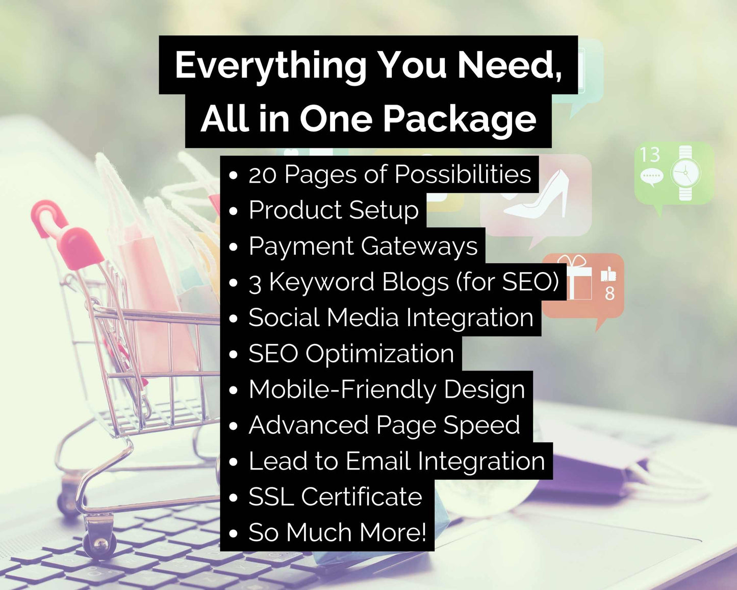 Image showcasing a collection of business services with icons, such as SEO optimization, social media integration, and SSL certificates. In the background, a miniature shopping cart symbolizes the focus on the Premium E-Commerce Website Design Package by Socially Inclined.