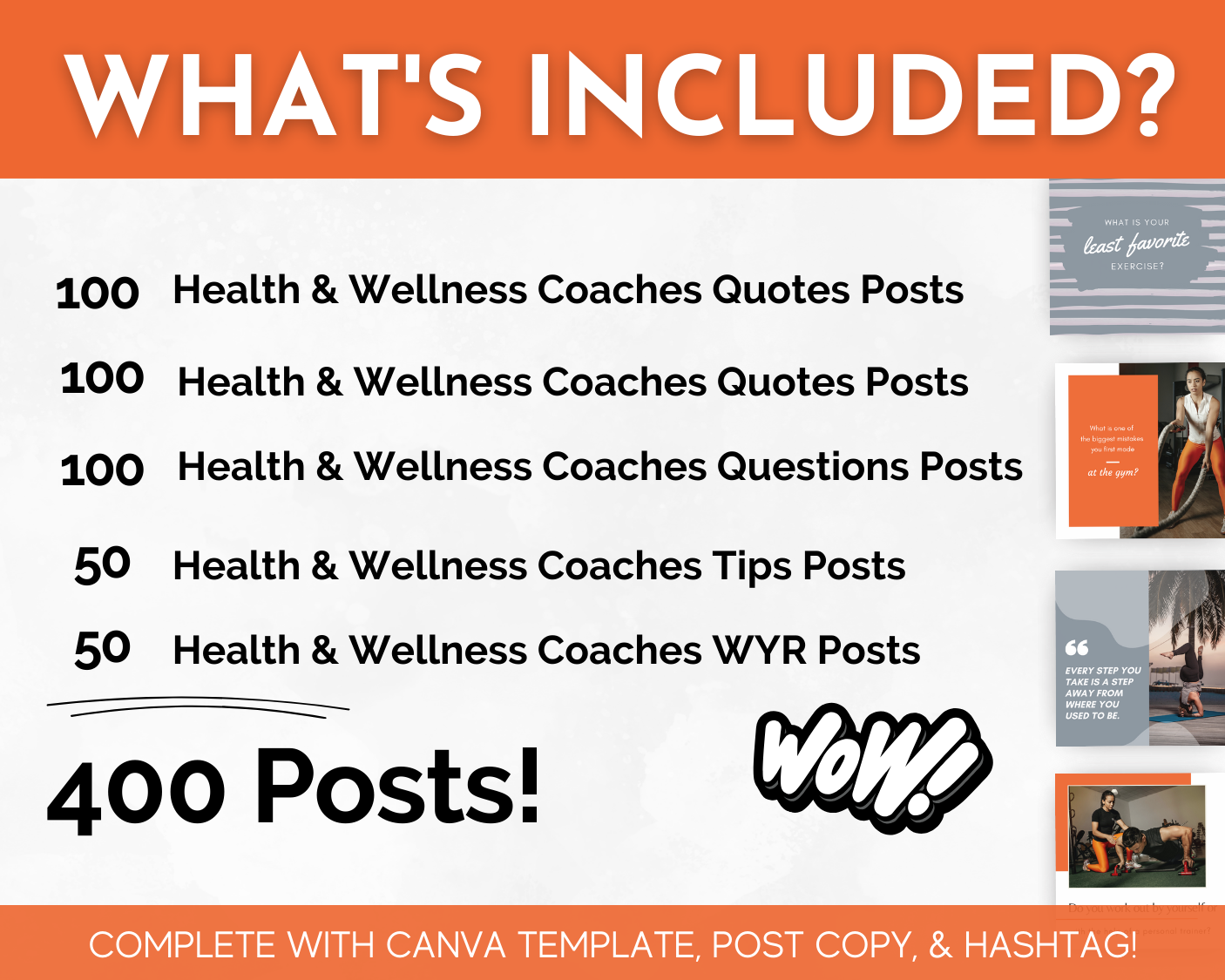 Infographic listing social media post inclusions for Health & Wellness Coaches: 100 quotes posts, 100 questions posts, 50 tips posts, 50 "Would You Rather" posts—ideal for promoting fitness and wellness—with 400 posts total featuring templates. Introducing the Health & Wellness Coaches Social Media Post Bundle | 400 Posts with Canva Templates by Socially Inclined.