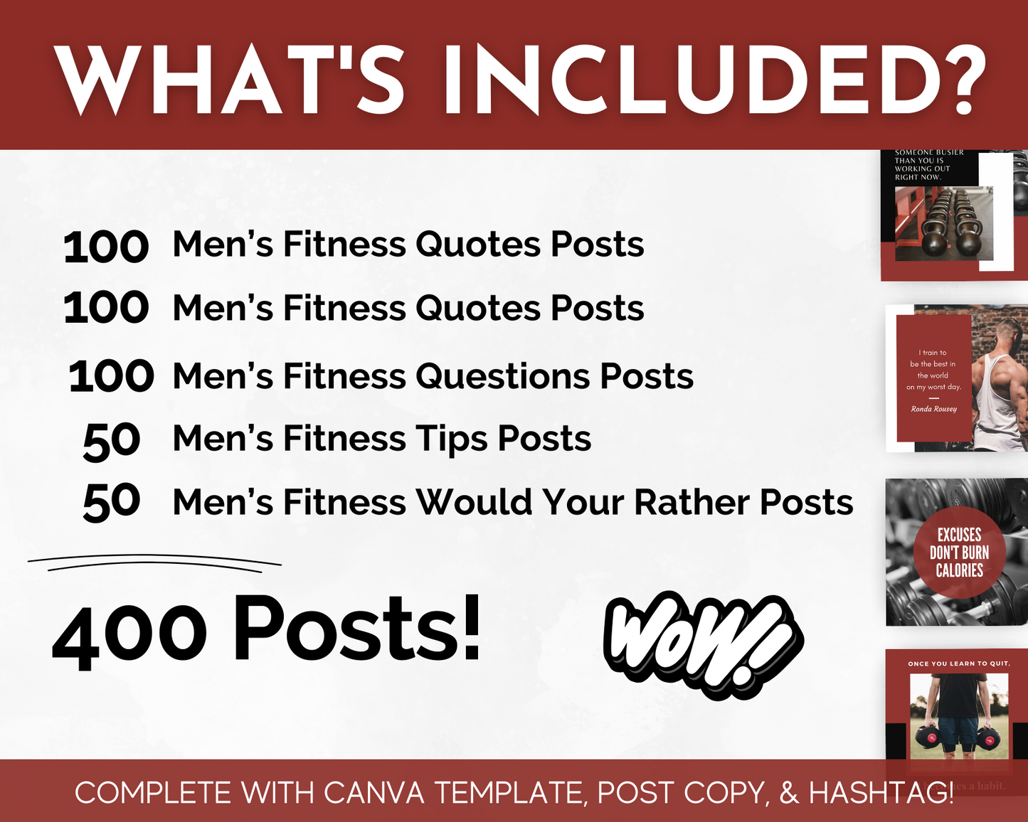 Promotional image displaying the "Men's Fitness Social Media Post Bundle with Canva Templates" by Socially Inclined, featuring a rich collection of 100 each of men's fitness quotes, questions, and tips posts, alongside 50 engaging "Would You Rather" posts—amounting to a total of 400 pieces of social media content. This bundle includes a versatile Canva template ideal for promoting health and wellness.