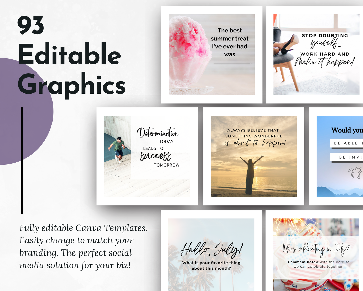 Promotional graphic for Get Socially Inclined's "July Daily Posting Plan - Your Social Plan" with 93 editable Canva templates, motivational quote post examples, and customizable layouts to boost social media engagement.