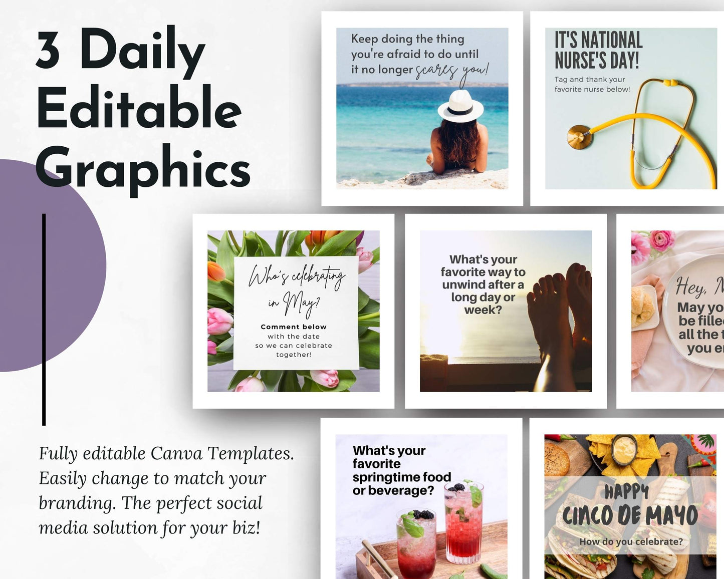 The May Daily Posting Plan by Get Socially Inclined includes a collage of seven editable graphics: themes like Nurse's Day, favorite spring drink, and Cinco de Mayo. Perfect for boosting engagement with fresh content featuring a beach scene and stethoscope in your social media calendar.