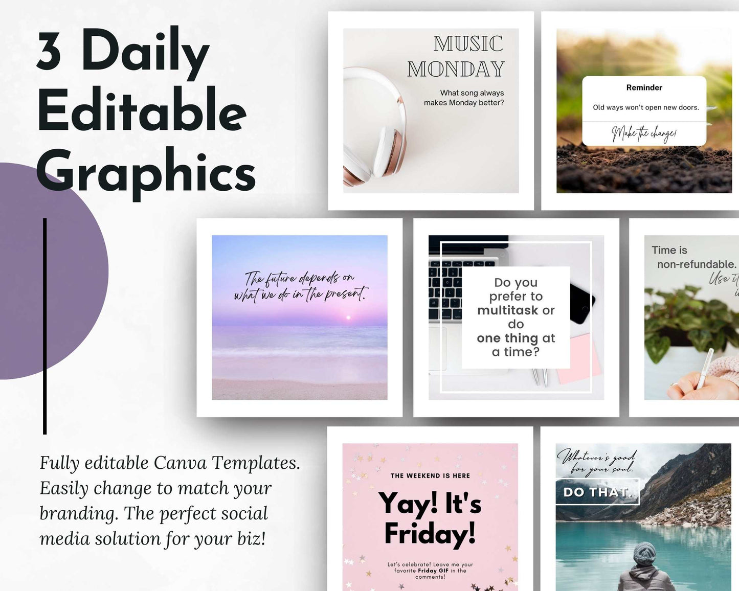 Explore the "April Daily Posting Plan - Your Social Plan" by Get Socially Inclined, featuring Canva templates with editable graphics and quotes on weekends, focus, and motivation. Perfect for engaging social media content with diverse backgrounds and text prompts.