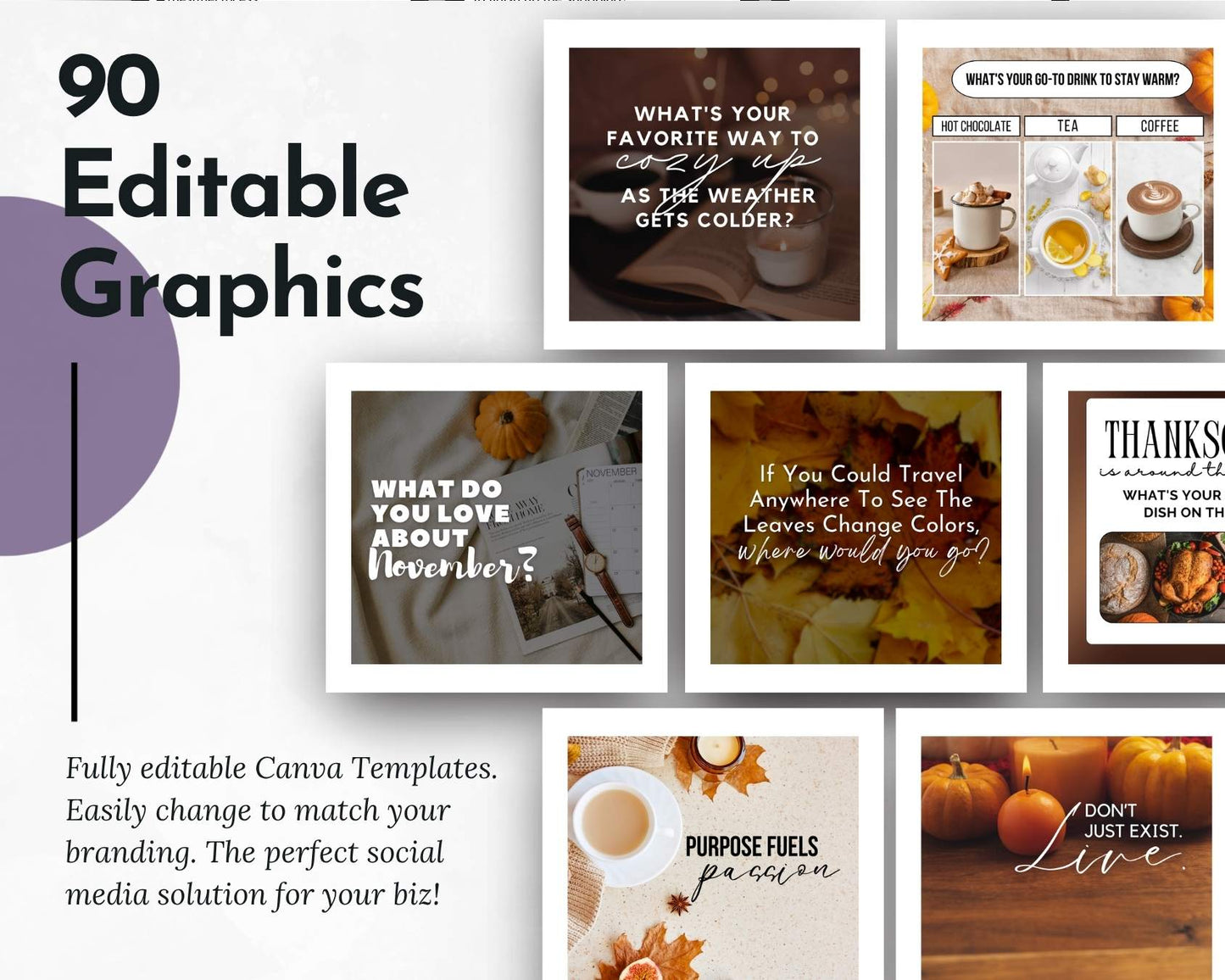 The November Daily Posting Plan by Get Socially Inclined offers 90 editable Canva graphics with autumn themes, questions, quotes, and seasonal images—perfect for content creation and branding your November social media posts.