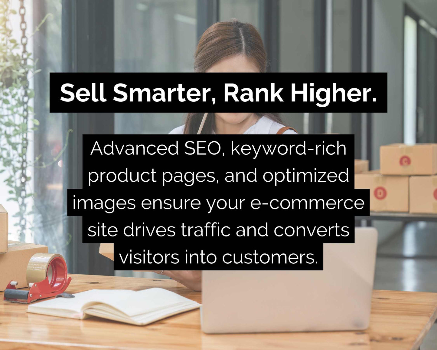 A person working on a laptop surrounded by packages; text overlay promotes enhancing e-commerce with Socially Inclined's Premium E-Commerce Website Design Package, advanced SEO, mobile optimization, and SEO-Optimized Titles.