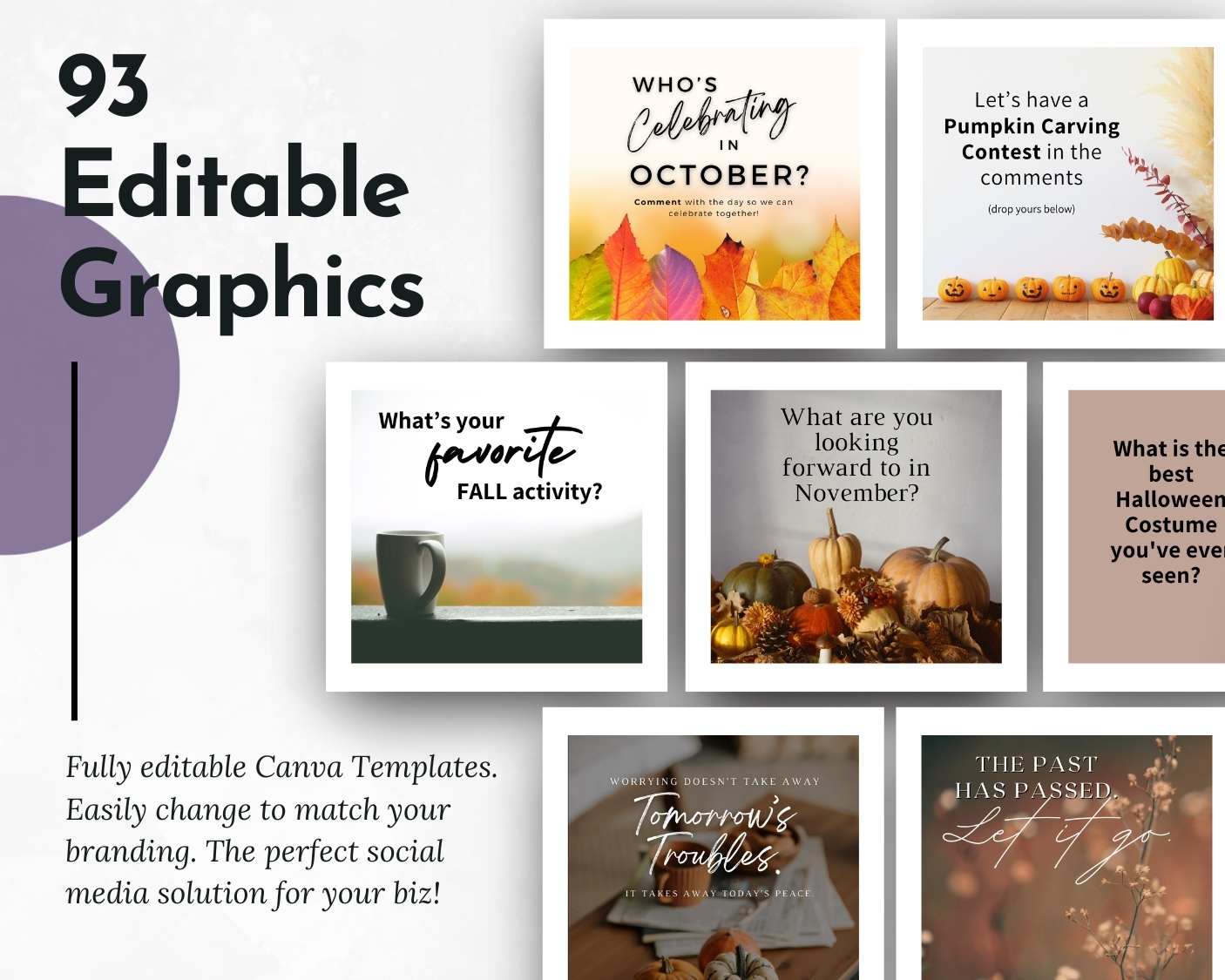 A collage of seven sample Canva templates from Get Socially Inclined’s "October Daily Posting Plan - Your Social Plan," featuring autumn-themed text and 93 editable graphics—perfect for daily October 2025 social media posts and branding.