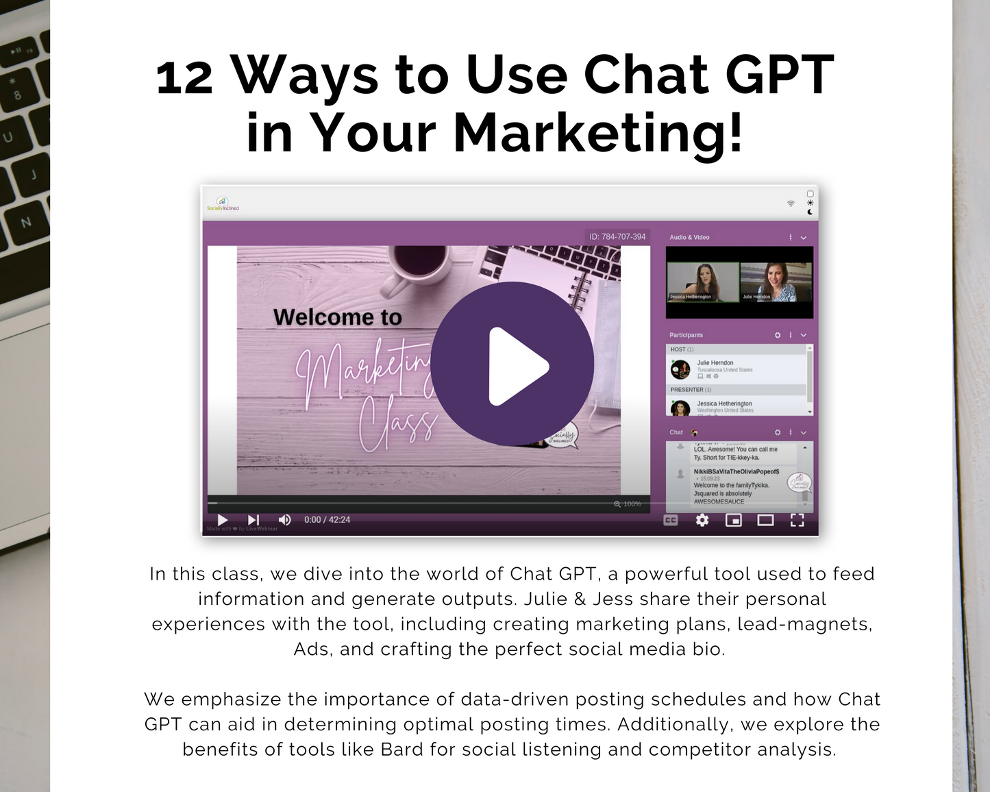 A laptop screen displays a video titled "Chat GPT Marketing 101: The Essential Course for Small Business Owners" by Get Socially Inclined, providing insightful strategies tailored for small business owners. A visible play button draws viewers in, while text below outlines the course content.