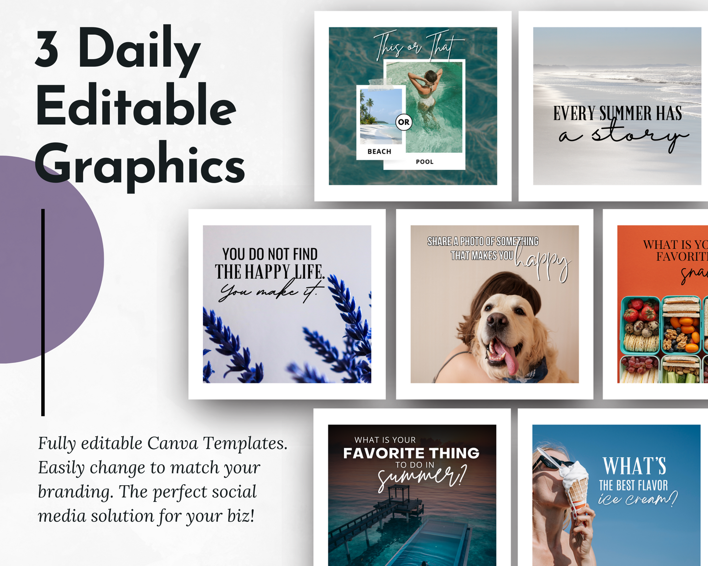 A promotional image showcasing a collection of nine customizable Canva templates featuring various themes including nature, pets, and summer quotes, ideal for a Your Social Plan on social media. Created by Get Socially Inclined.