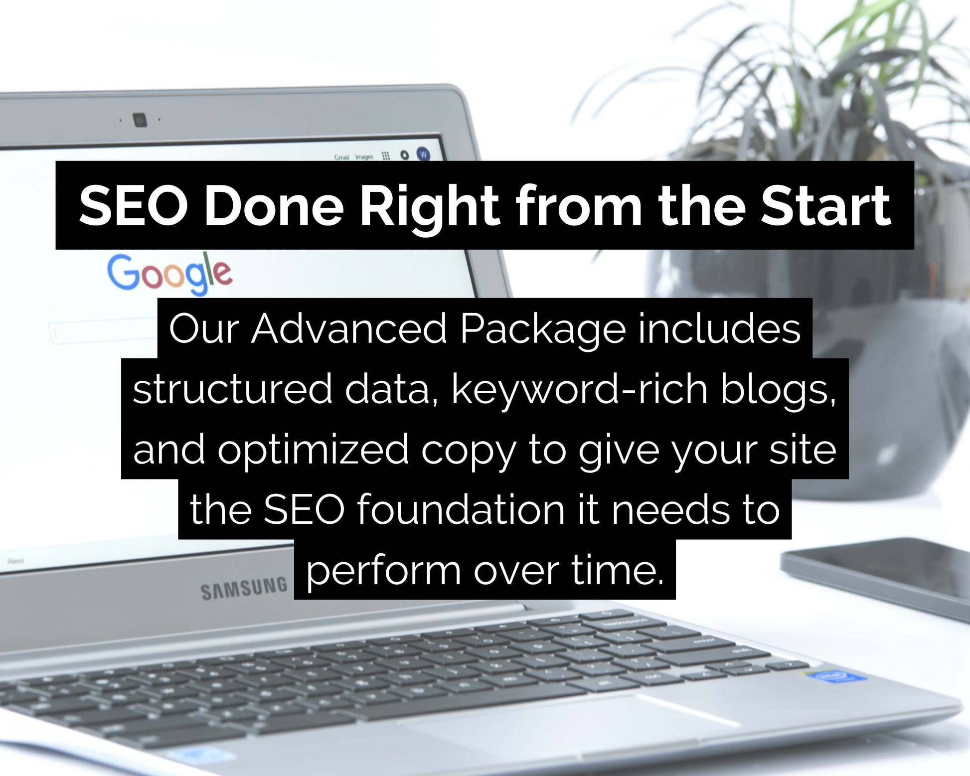 An open laptop displaying a Google search is overlaid with text promoting the "Advanced Website Design Package" by Socially Inclined, which includes mobile-friendly websites, structured data, keyword-rich blogs, and optimized copy for enhanced site performance.