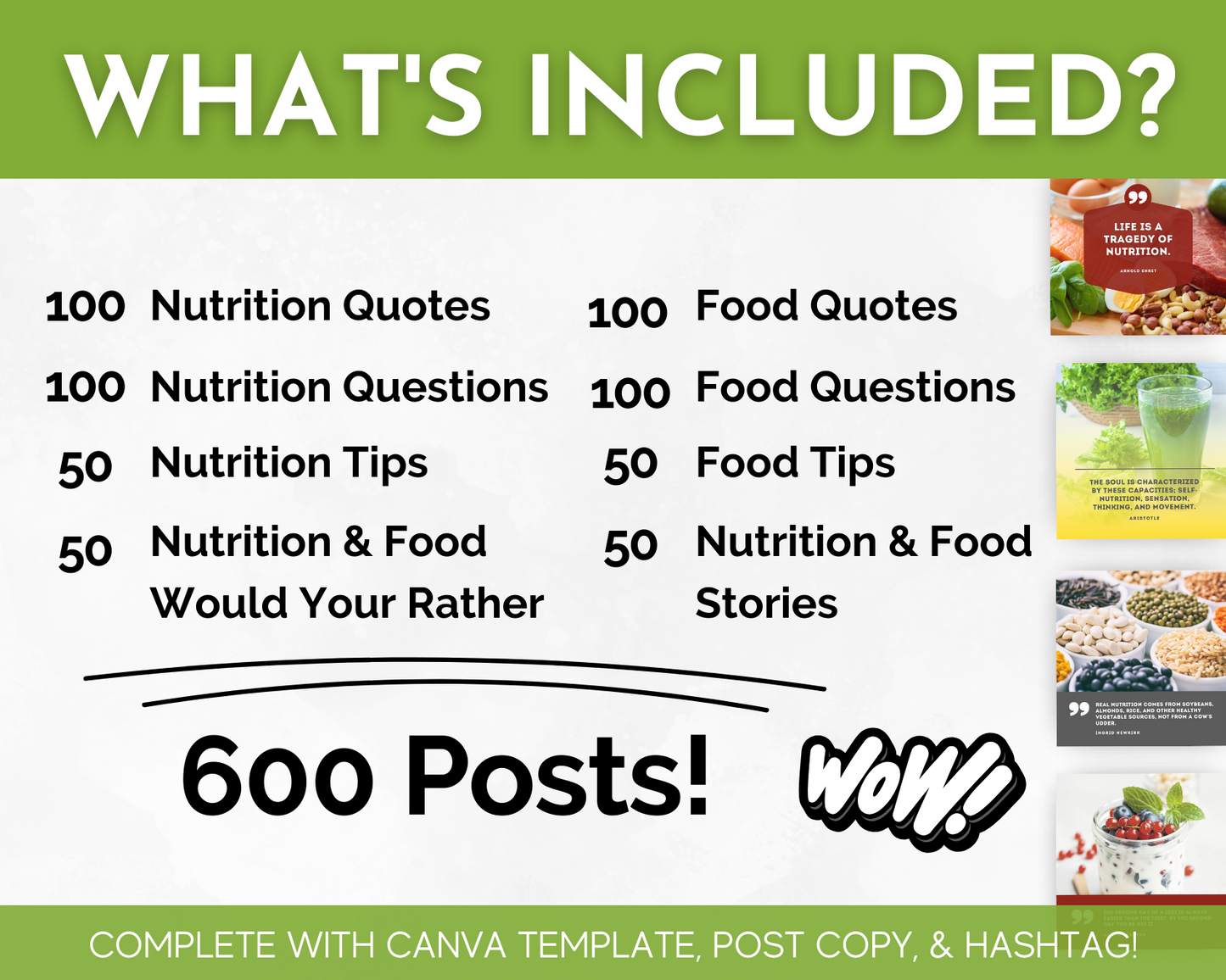 A Socially Inclined social media poster displaying "What's included?" with a focus on Nutrition & Food Social Media Post Bundle | 500 Posts with Canva Templates.