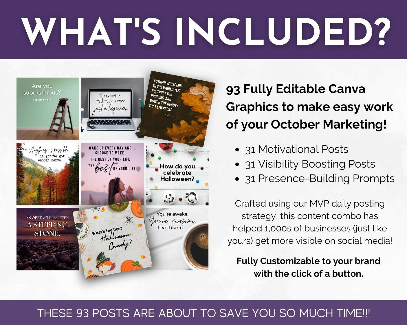 A promotional graphic for Get Socially Inclined's October Daily Posting Plan - Your Social Plan: 93 editable Canva posts with motivational, visibility, and presence-building content—ideal for daily social media in October 2025. Sample images included.