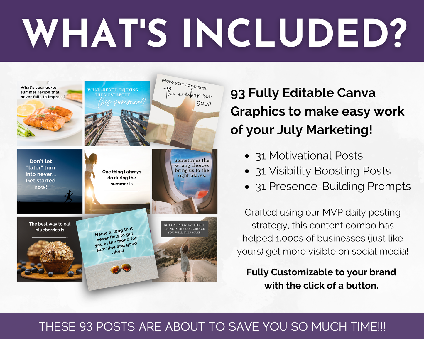 Promotional graphic showcasing the July Daily Posting Plan by Get Socially Inclined—93 editable Canva posts with motivational content, engagement boosters, and prompts. Fully customizable for brands and ideal for your July Content Calendar.