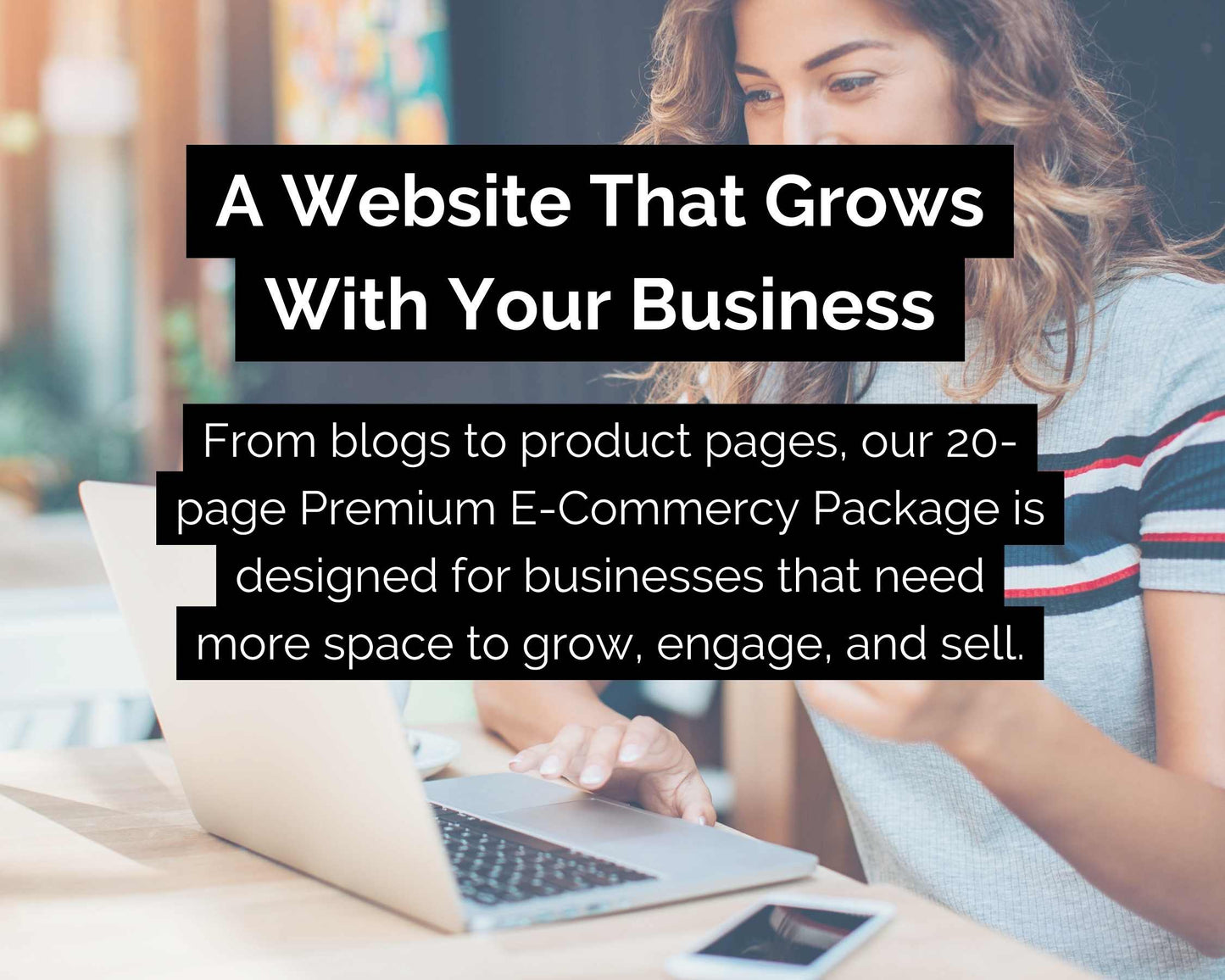 A woman is working on a laptop, navigating a Premium E-Commerce Website Design Package by Socially Inclined, crafted for expanding businesses and boasting SEO-optimized titles along with an elegant e-commerce website design across 20 pages.