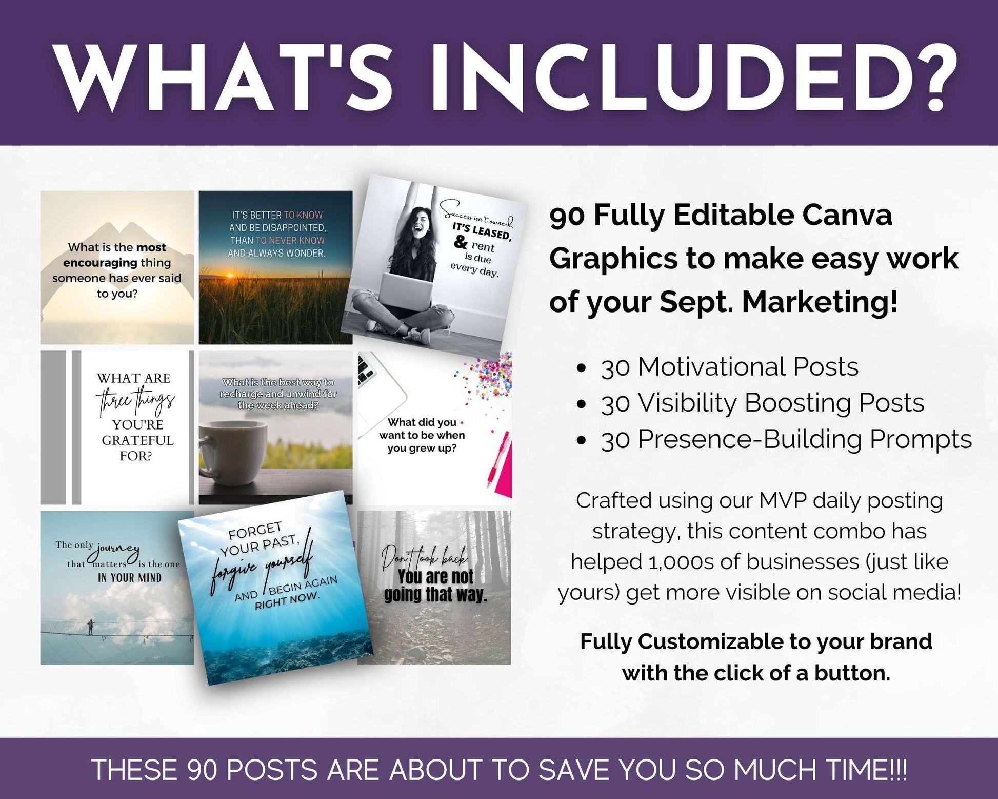 Promotional graphic for 90 fully editable September Canva graphics with motivational, visibility boosting, and presence-building prompts.