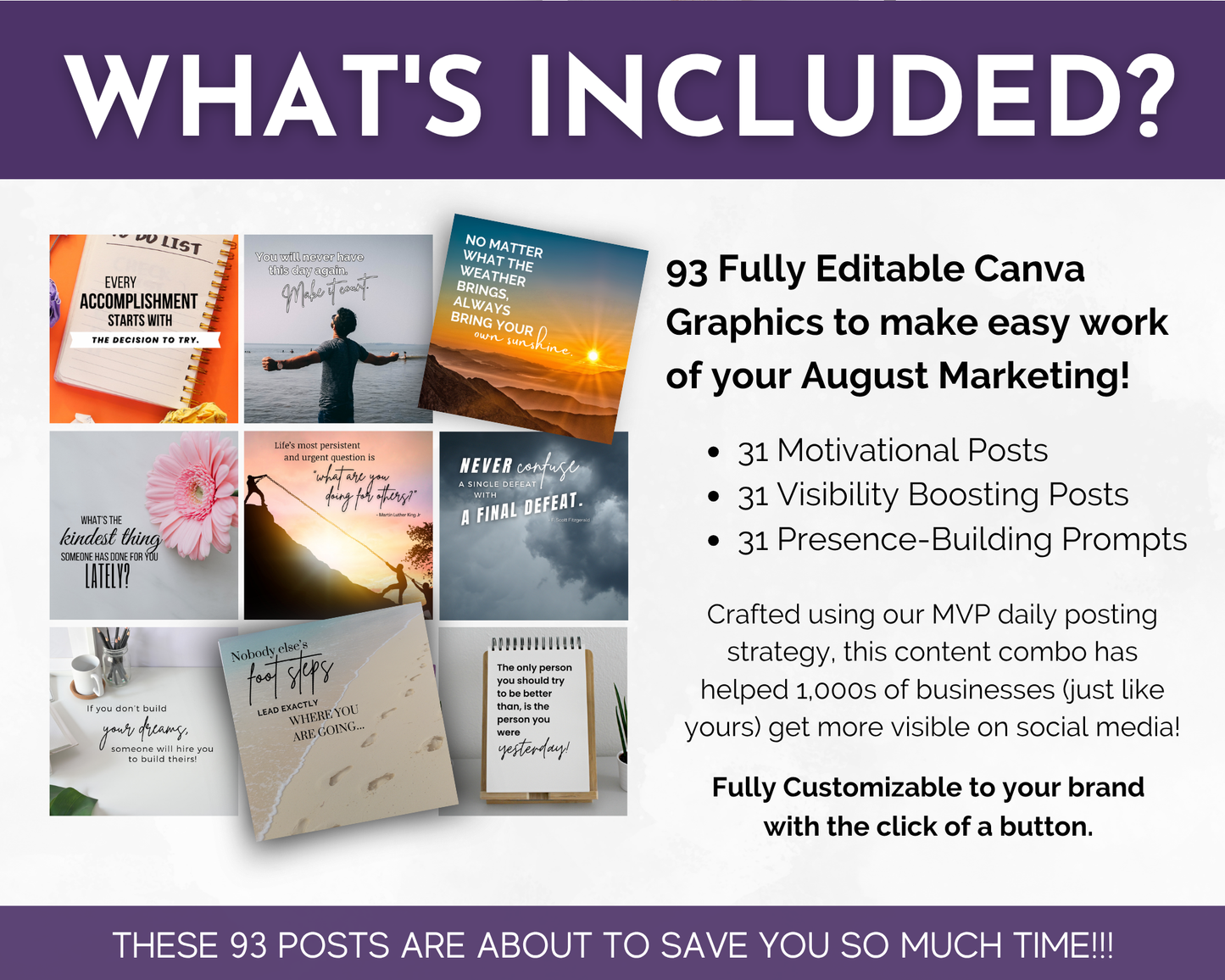 Get Socially Inclined’s AUGUST Daily Posting Plan – Your Social Plan features 93 editable Canva graphics (motivational, engagement, and presence-building posts) plus post samples and an August posting plan to boost your social media presence.
