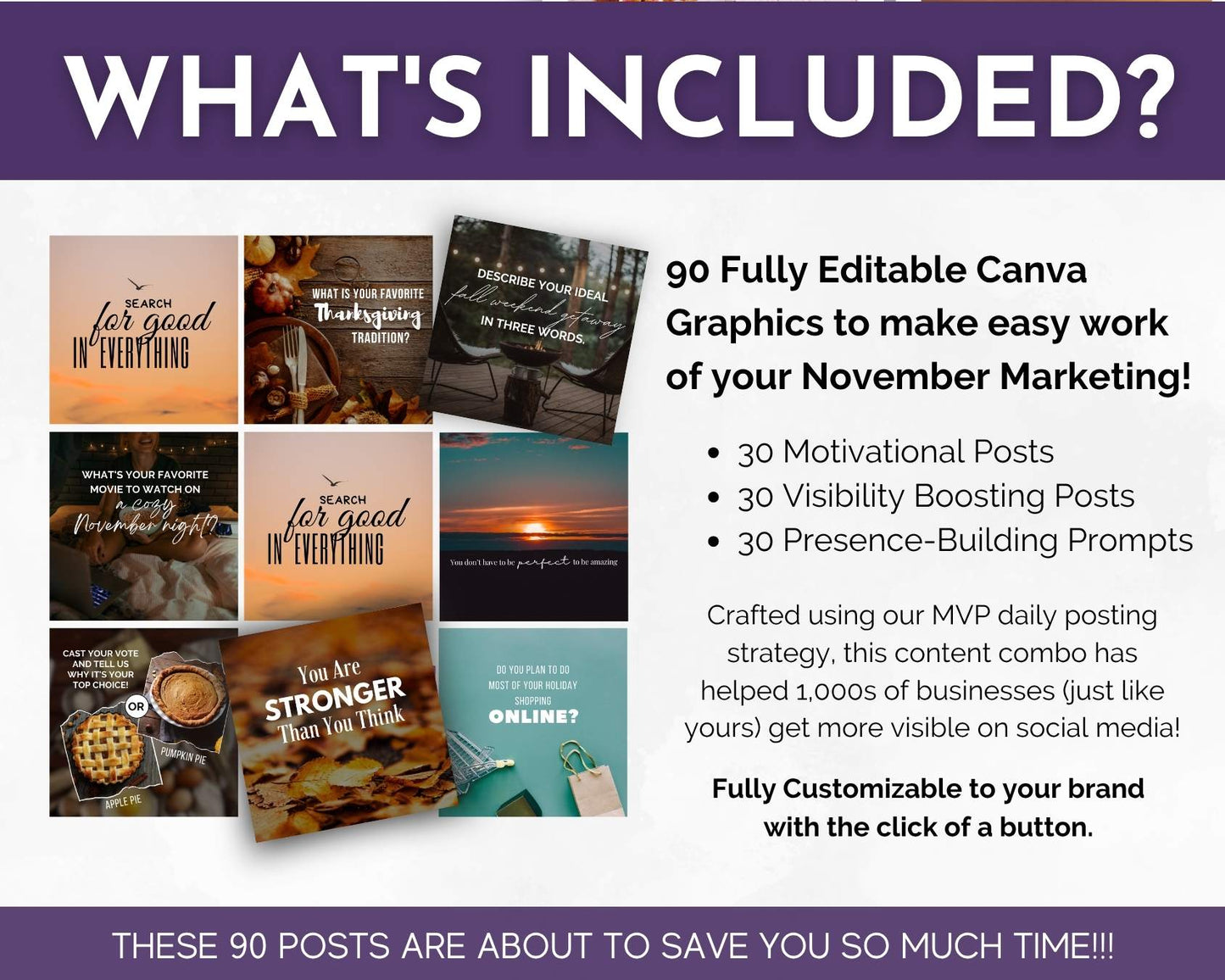 Promotional graphic for Get Socially Inclined's "November Daily Posting Plan - Your Social Plan": includes 90 done-for-you social media posts (motivational, visibility, and presence prompts) shown with sample images and descriptions.