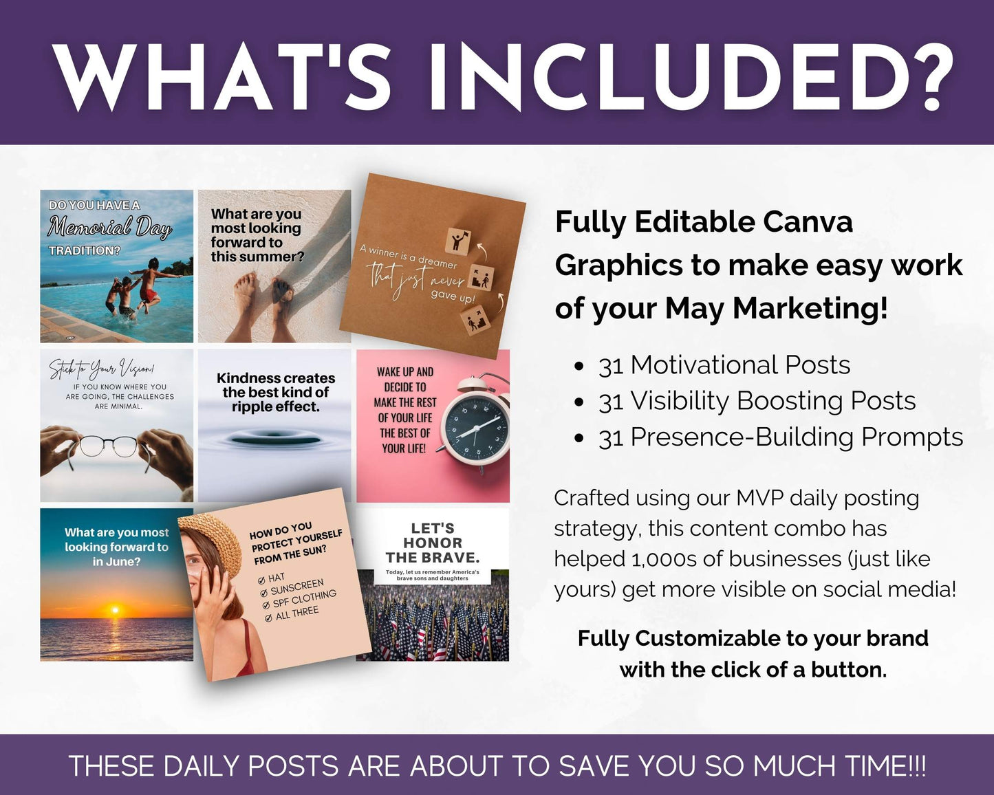 Promotional graphic showcasing the May Daily Posting Plan - Your Social Plan by Get Socially Inclined, includes motivational posts, visibility boosts, and presence-building prompts to enhance engagement. Fully customizable with Canva and perfectly aligns with your May Content Calendar.