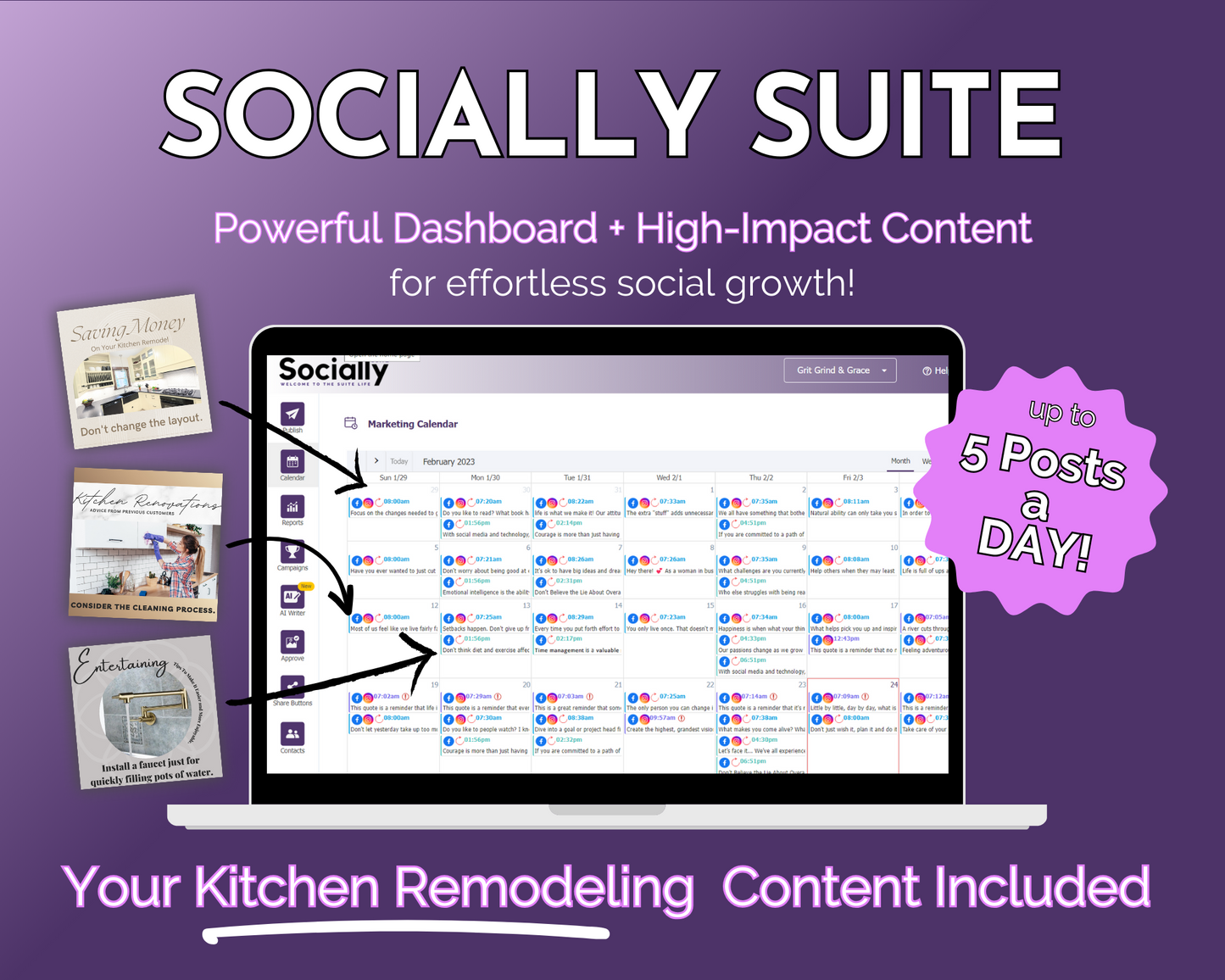 A promotional graphic for the "Socially Suite Membership" by Get Socially Inclined, a social media marketing tool highlighting features such as a powerful content dashboard, high-impact content, and the ability to post up to 5 times a day.